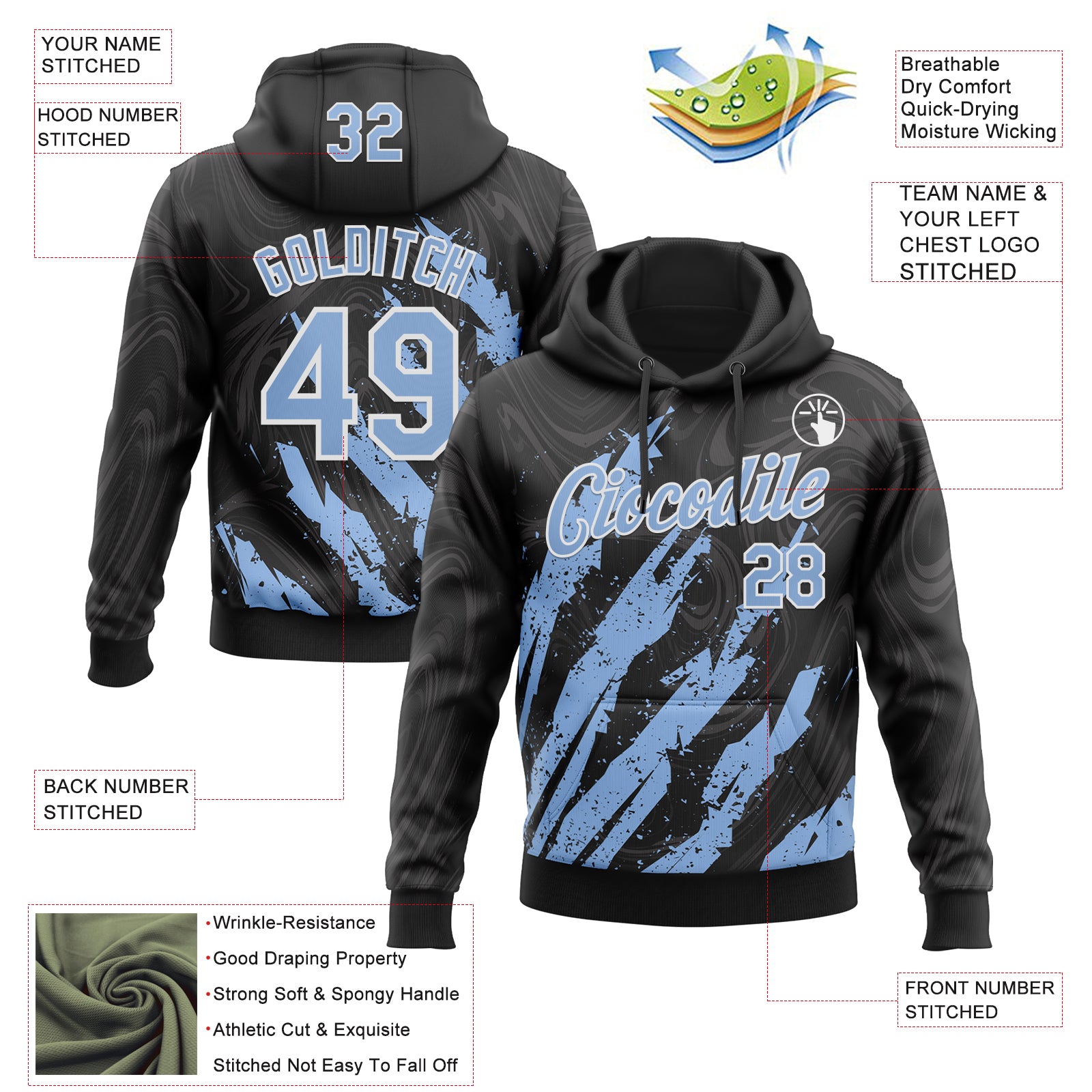 Custom Stitched Black Light Blue-White Splash Sports Pullover Sweatshirt Hoodie
