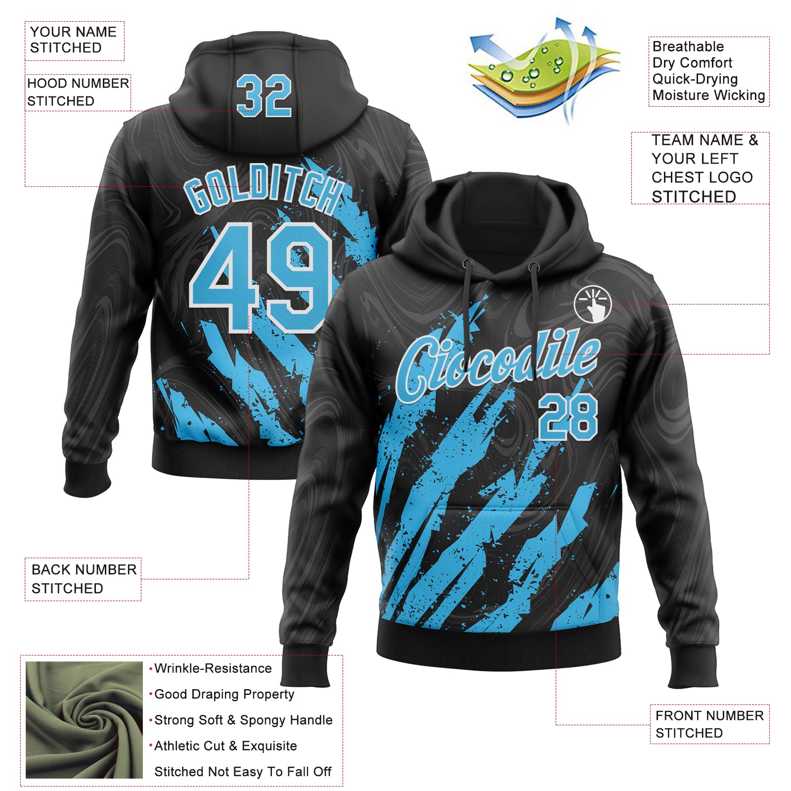 Custom Stitched Black Sky Blue-White Splash Sports Pullover Sweatshirt Hoodie