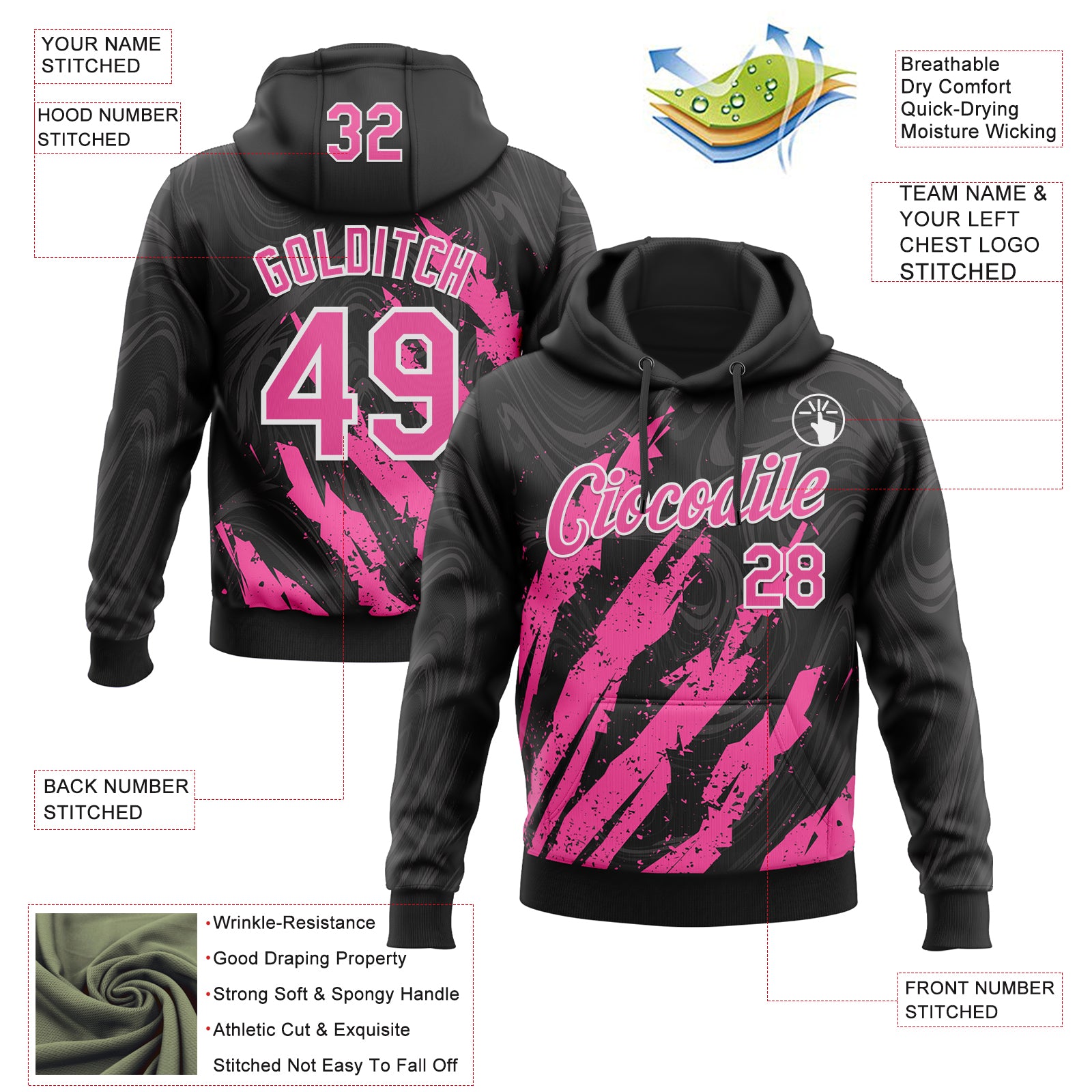 Custom Stitched Black Pink-White Splash Sports Pullover Sweatshirt Hoodie