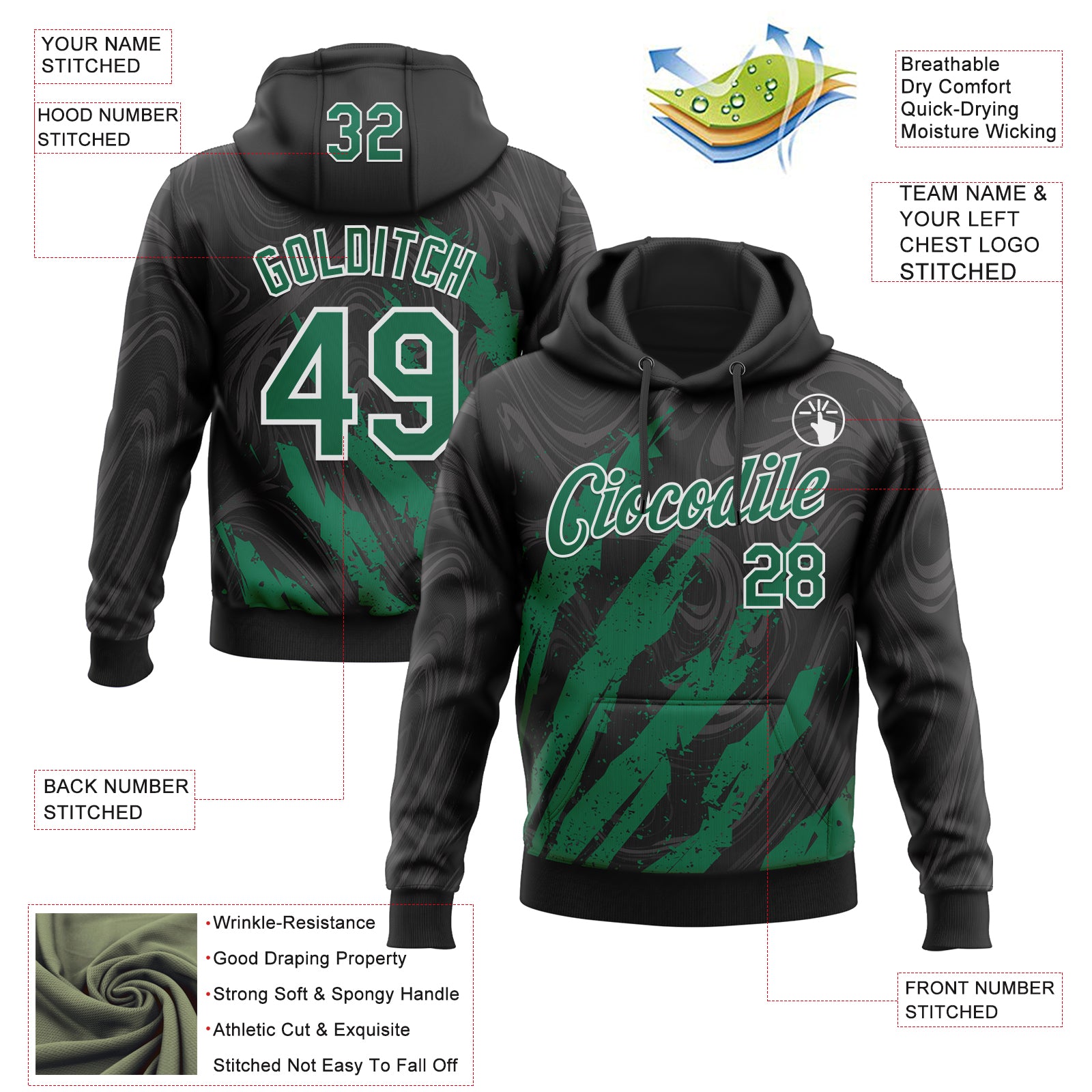 Custom Stitched Black Kelly Green-White Splash Sports Pullover Sweatshirt Hoodie