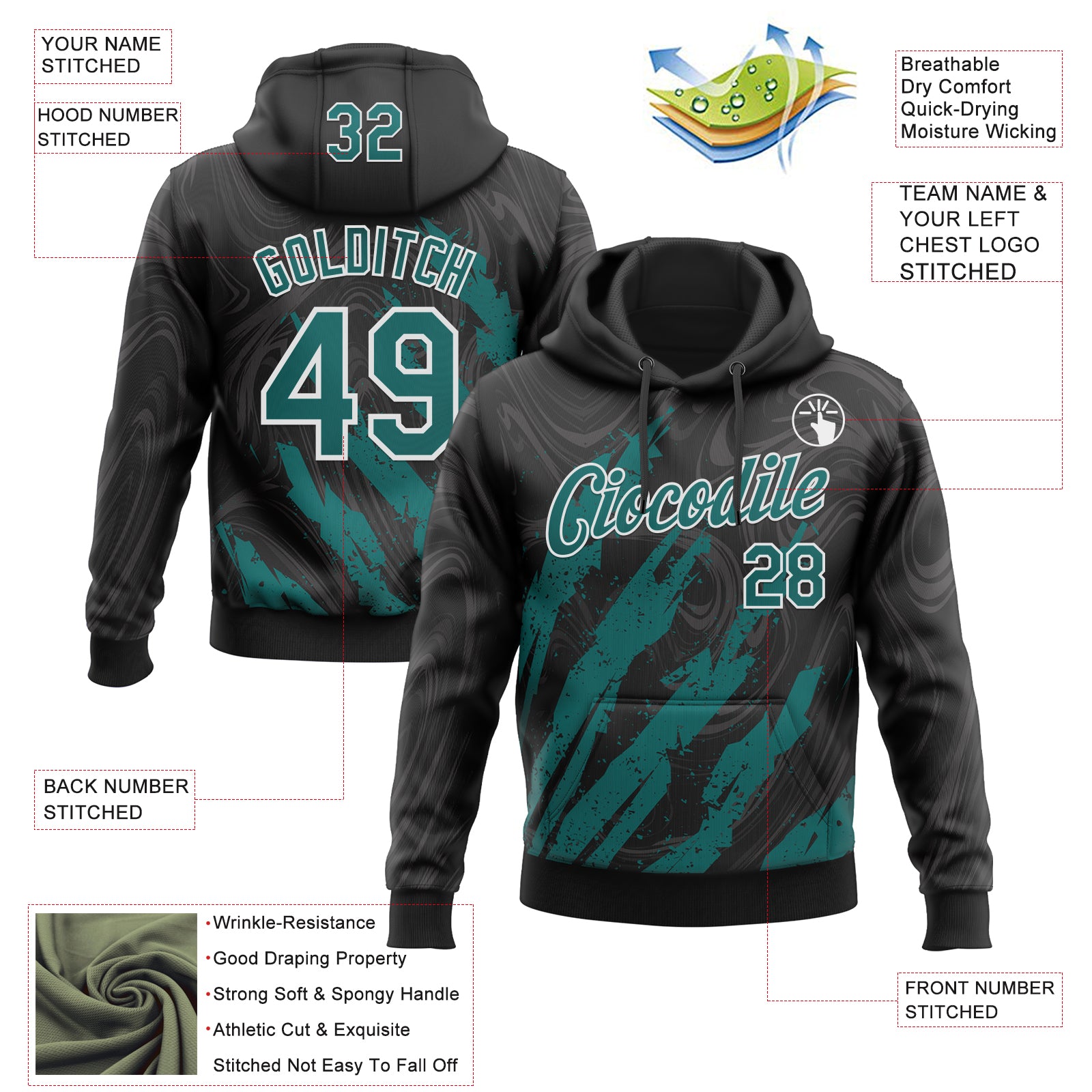 Custom Stitched Black Teal-White Splash Sports Pullover Sweatshirt Hoodie