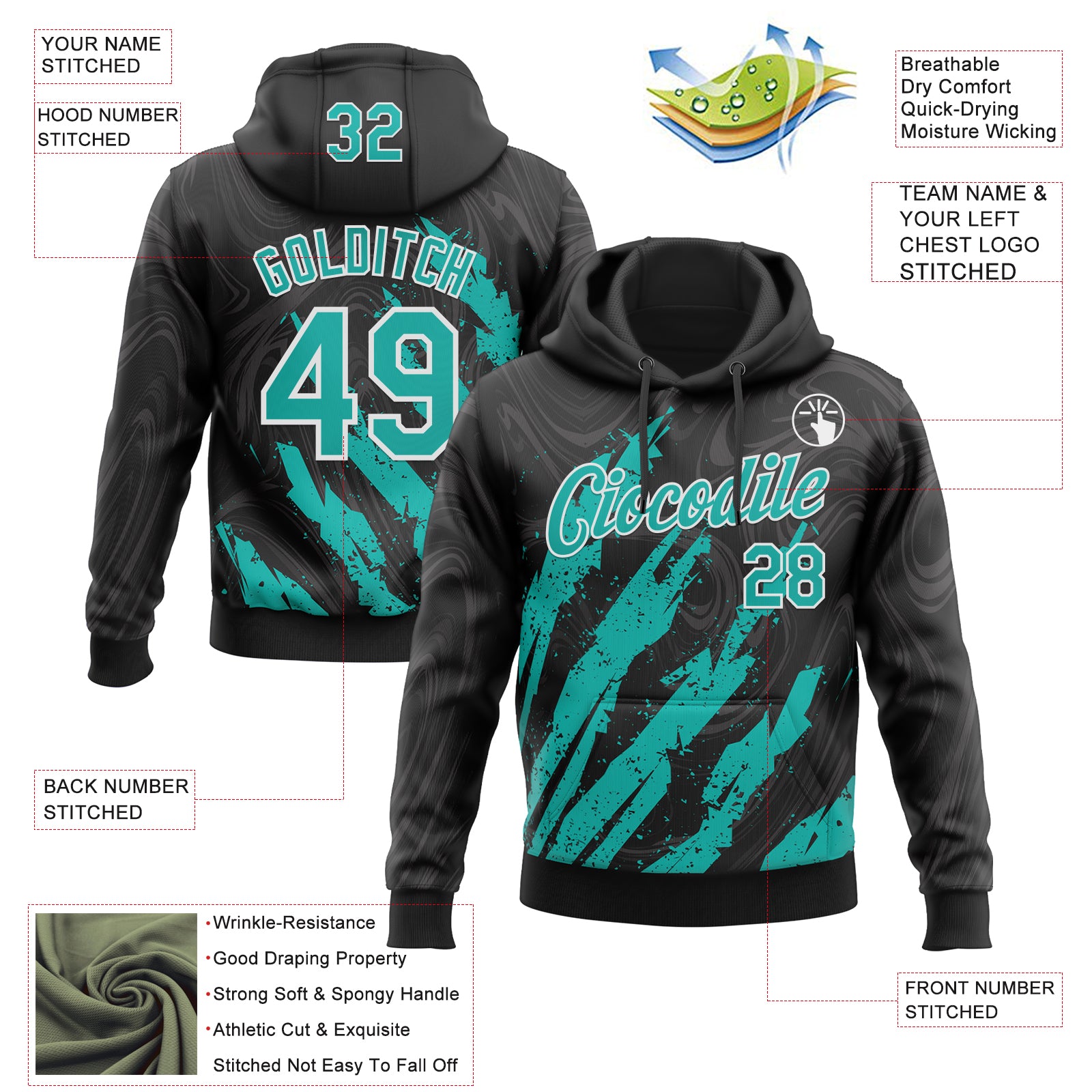 Custom Stitched Black Aqua-White Splash Sports Pullover Sweatshirt Hoodie