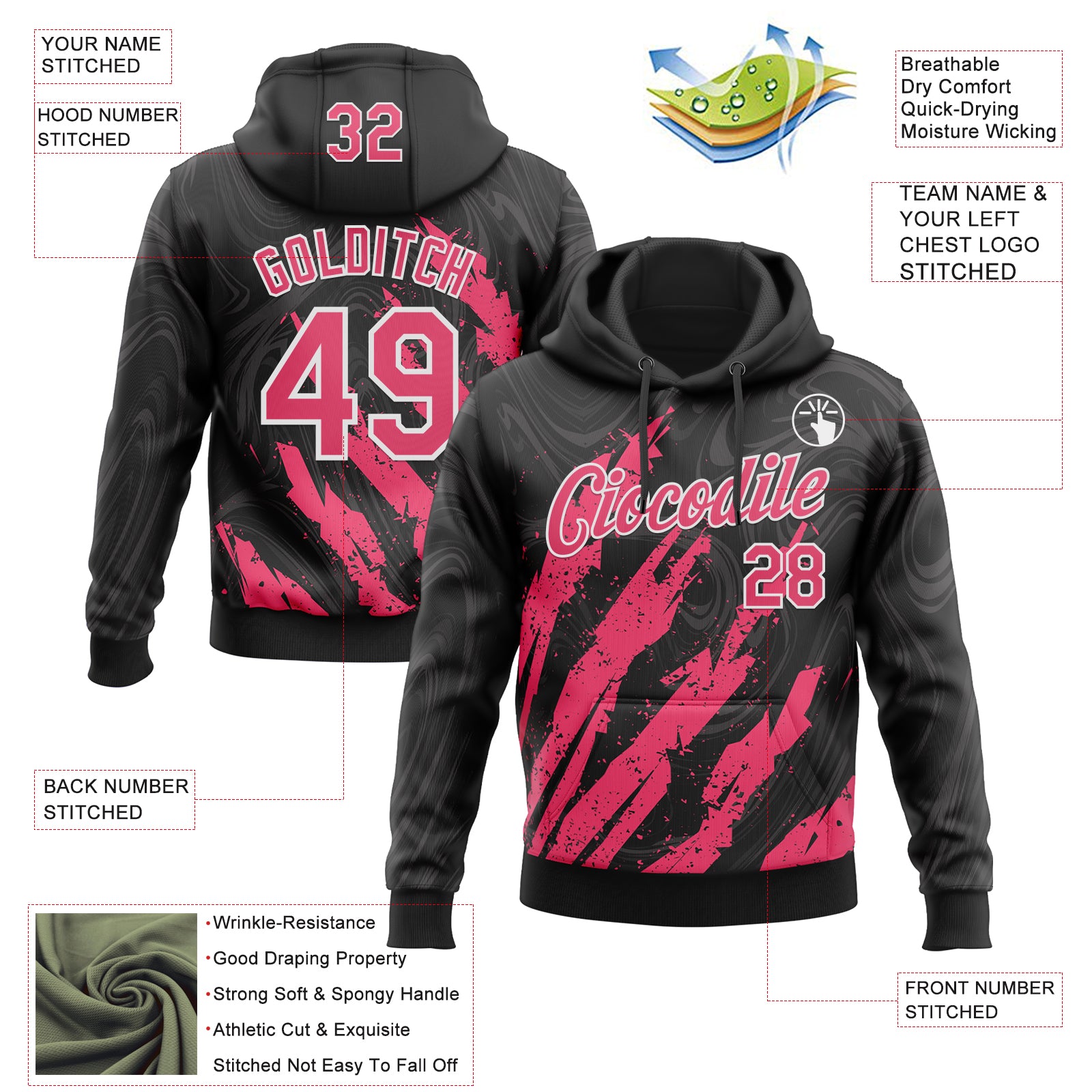 Custom Stitched Black Neon Pink-White Splash Sports Pullover Sweatshirt Hoodie