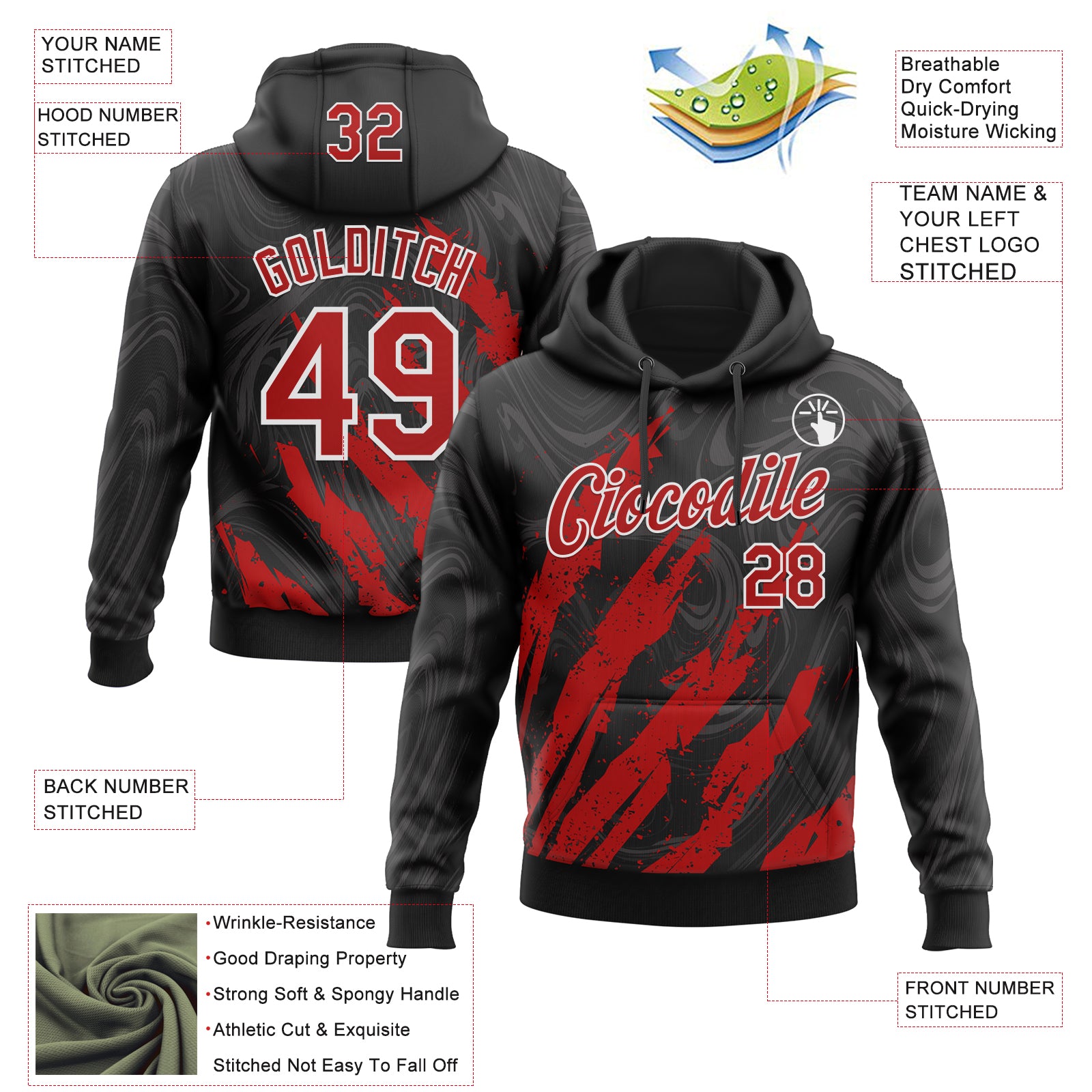 Custom Stitched Black Red-White Splash Sports Pullover Sweatshirt Hoodie