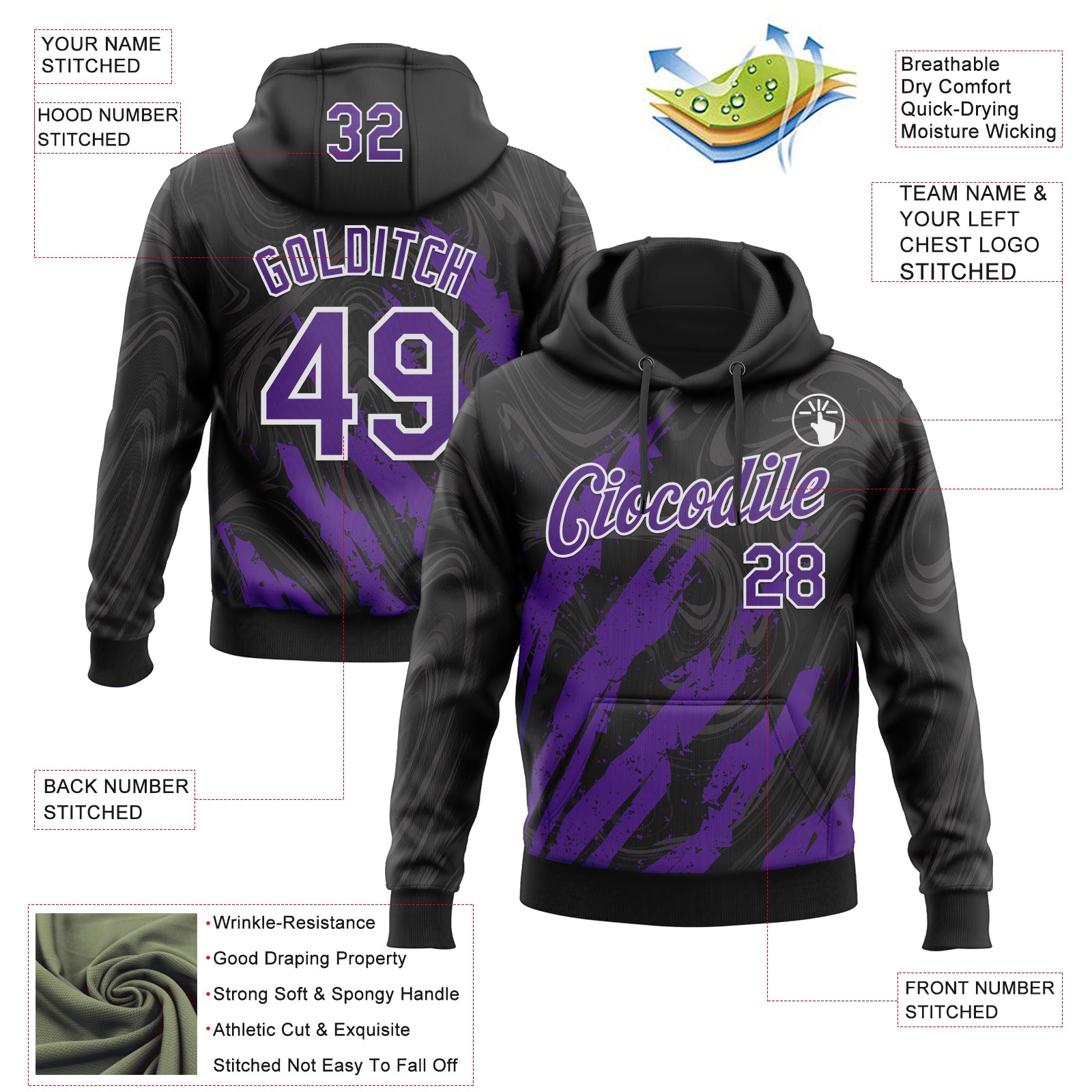 Custom Stitched Black Purple-White Splash Sports Pullover Sweatshirt Hoodie