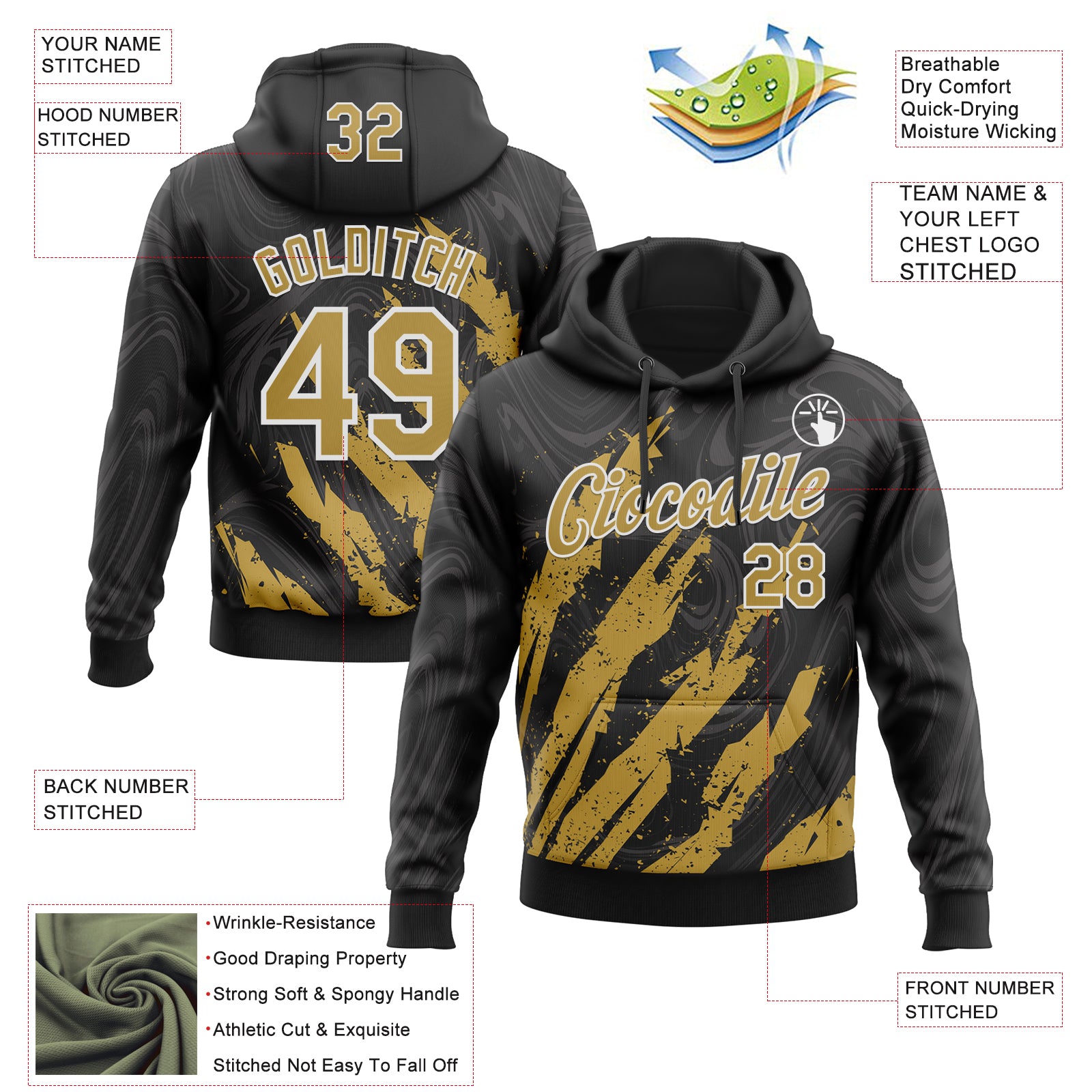 Custom Stitched Black Old Gold-White Splash Sports Pullover Sweatshirt Hoodie
