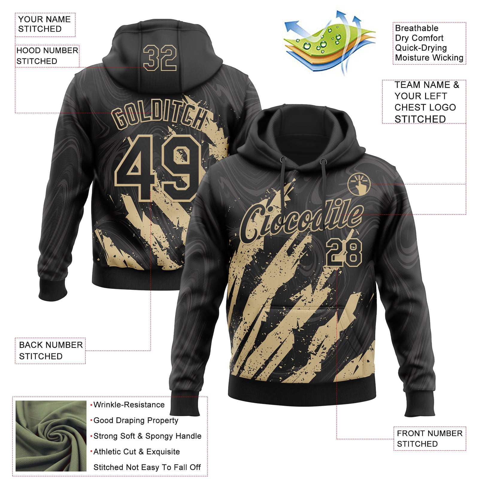 Custom Stitched Black Vegas Gold Splash Sports Pullover Sweatshirt Hoodie