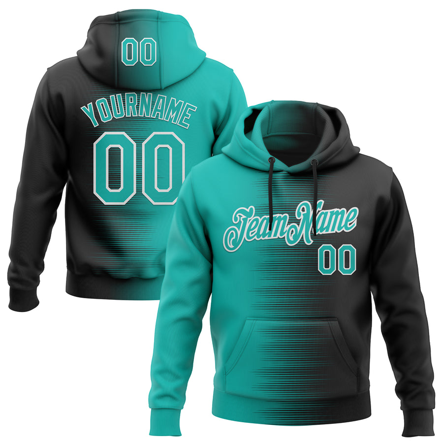 Custom Stitched Black Aqua-White Gradient Line Sports Pullover Sweatshirt Hoodie