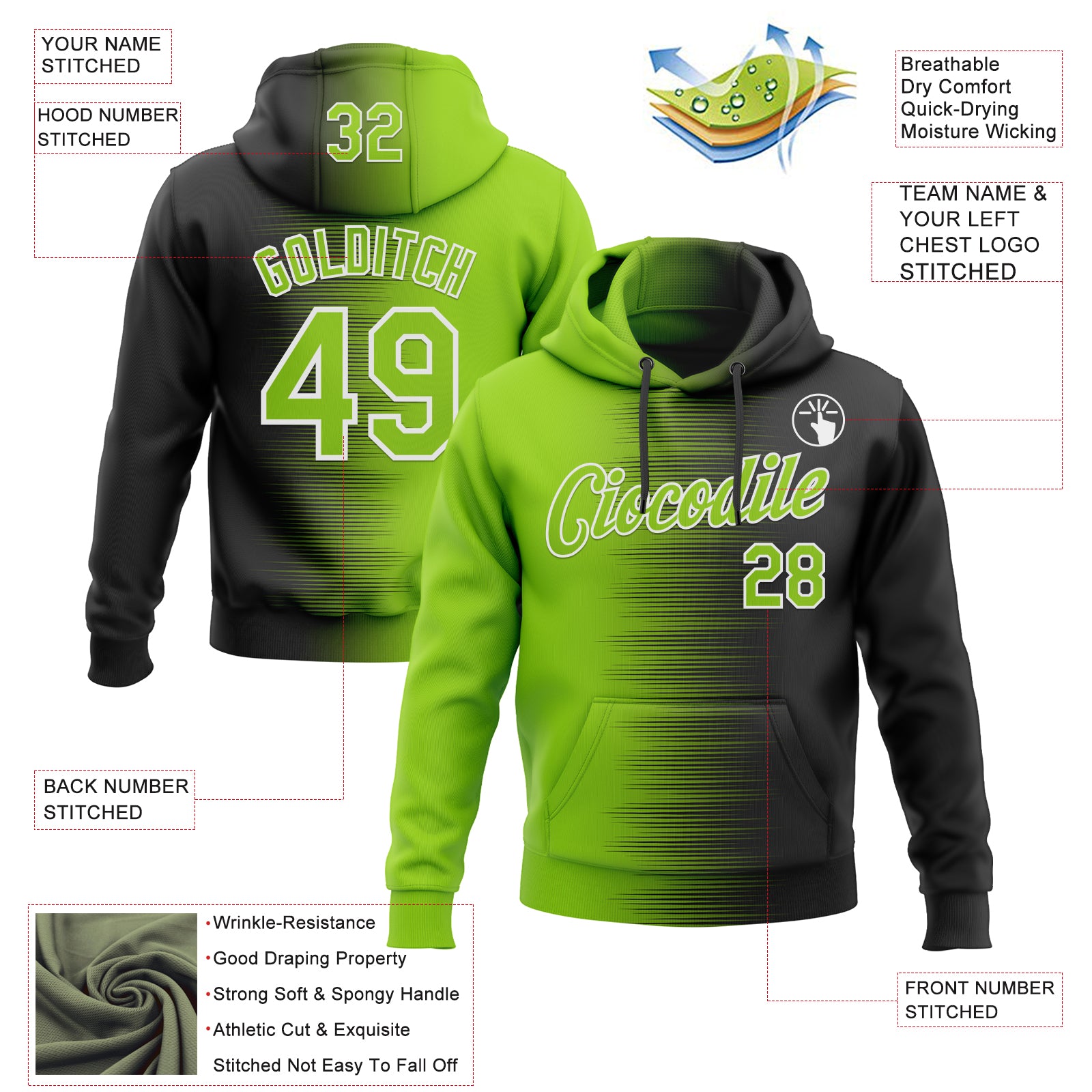 Custom Stitched Black Neon Green-White Gradient Line Sports Pullover Sweatshirt Hoodie