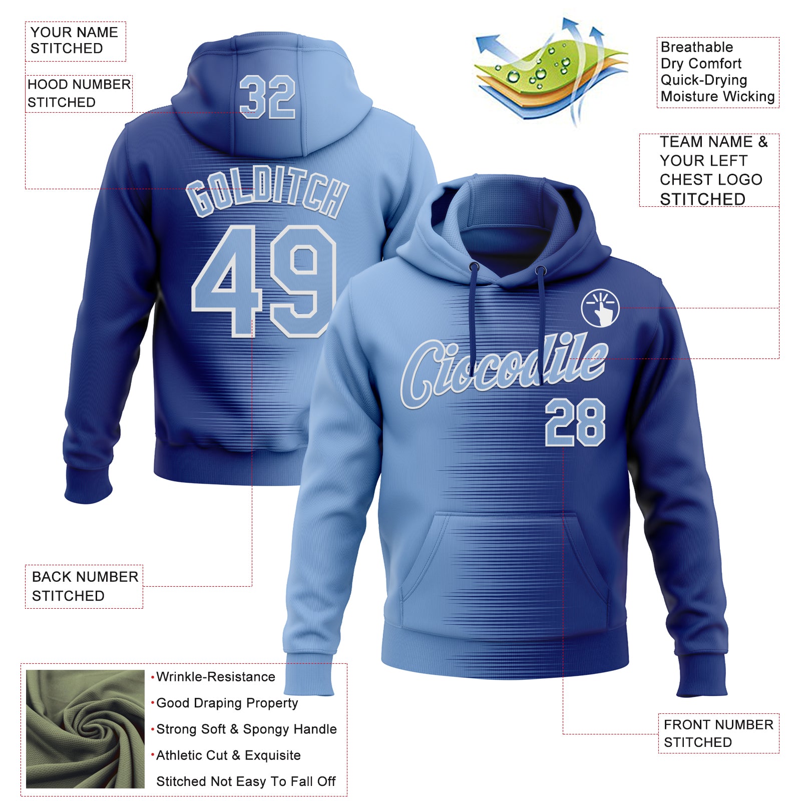 Custom Stitched Royal Light Blue-White Gradient Line Sports Pullover Sweatshirt Hoodie