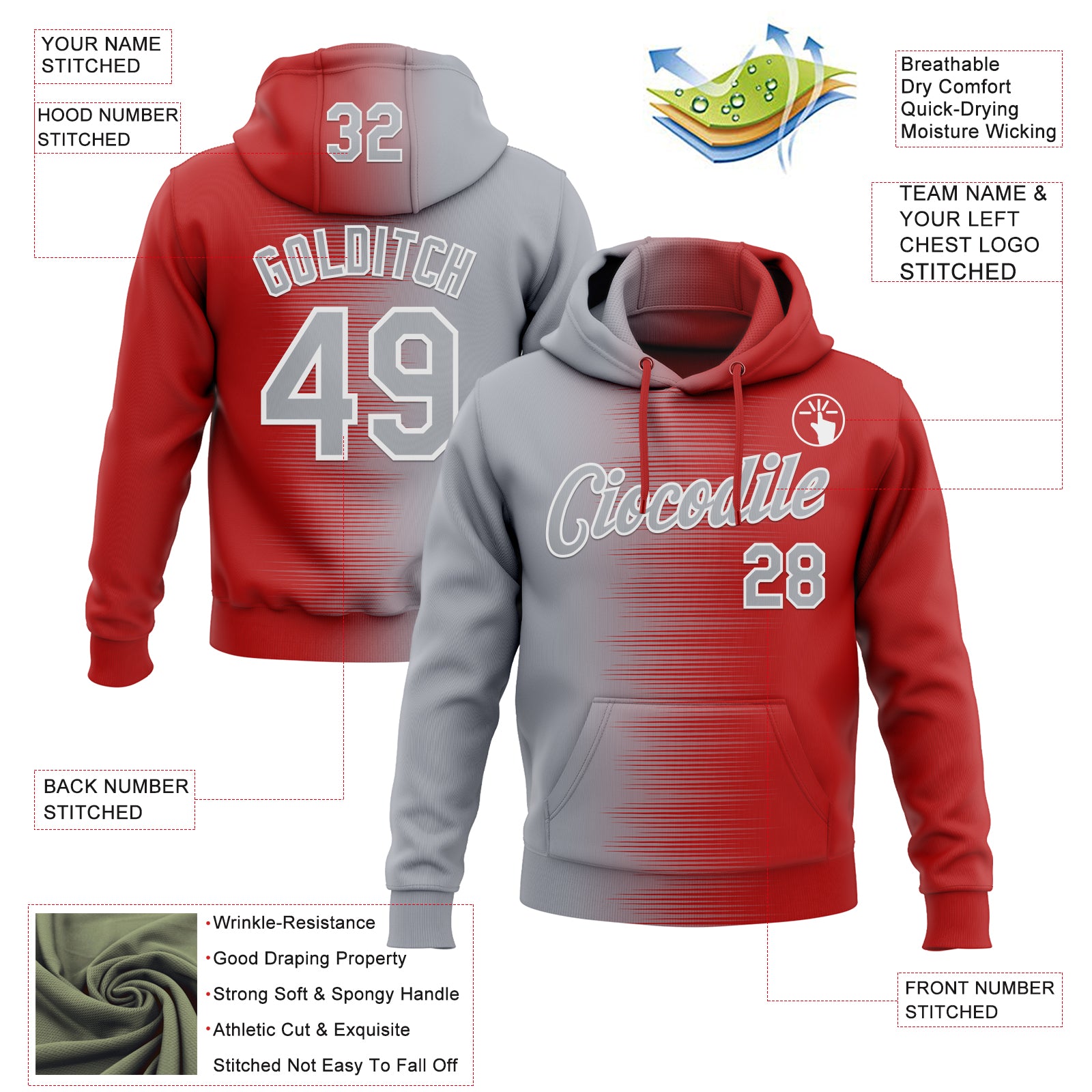 Custom Stitched Red Gray-White Gradient Line Sports Pullover Sweatshirt Hoodie