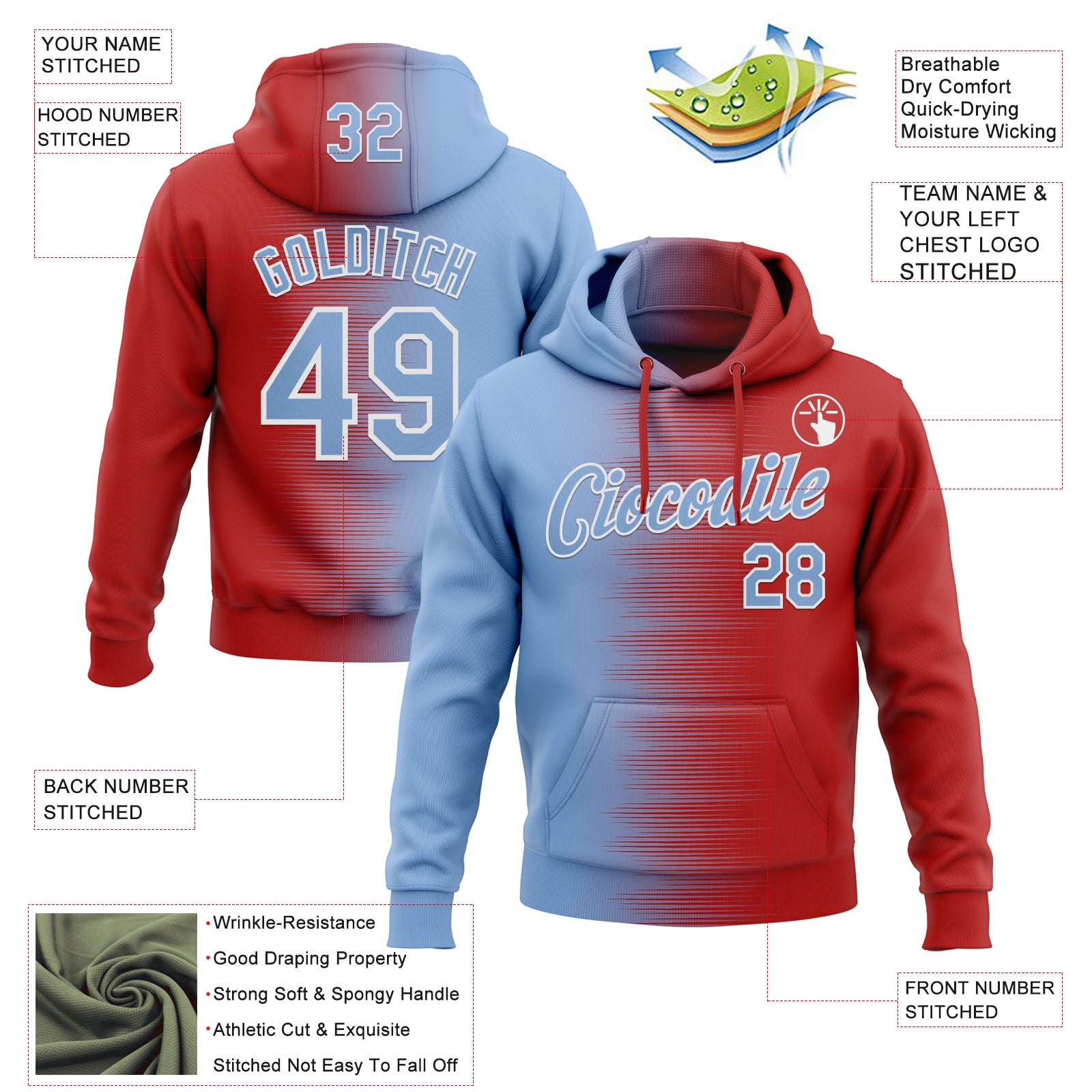 Custom Stitched Red Light Blue-White Gradient Line Sports Pullover Sweatshirt Hoodie