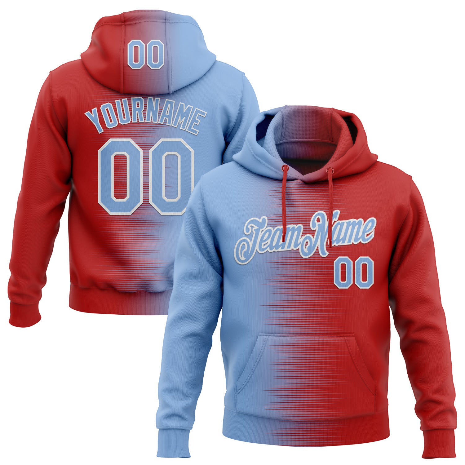 Custom Stitched Red Light Blue-White Gradient Line Sports Pullover Sweatshirt Hoodie