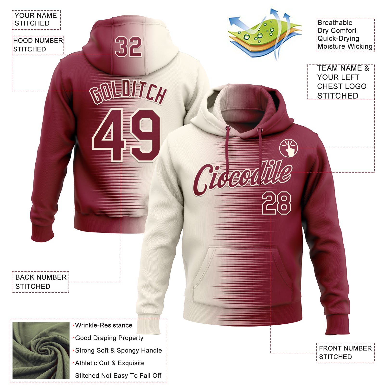Custom Stitched Crimson Cream Gradient Line Sports Pullover Sweatshirt Hoodie