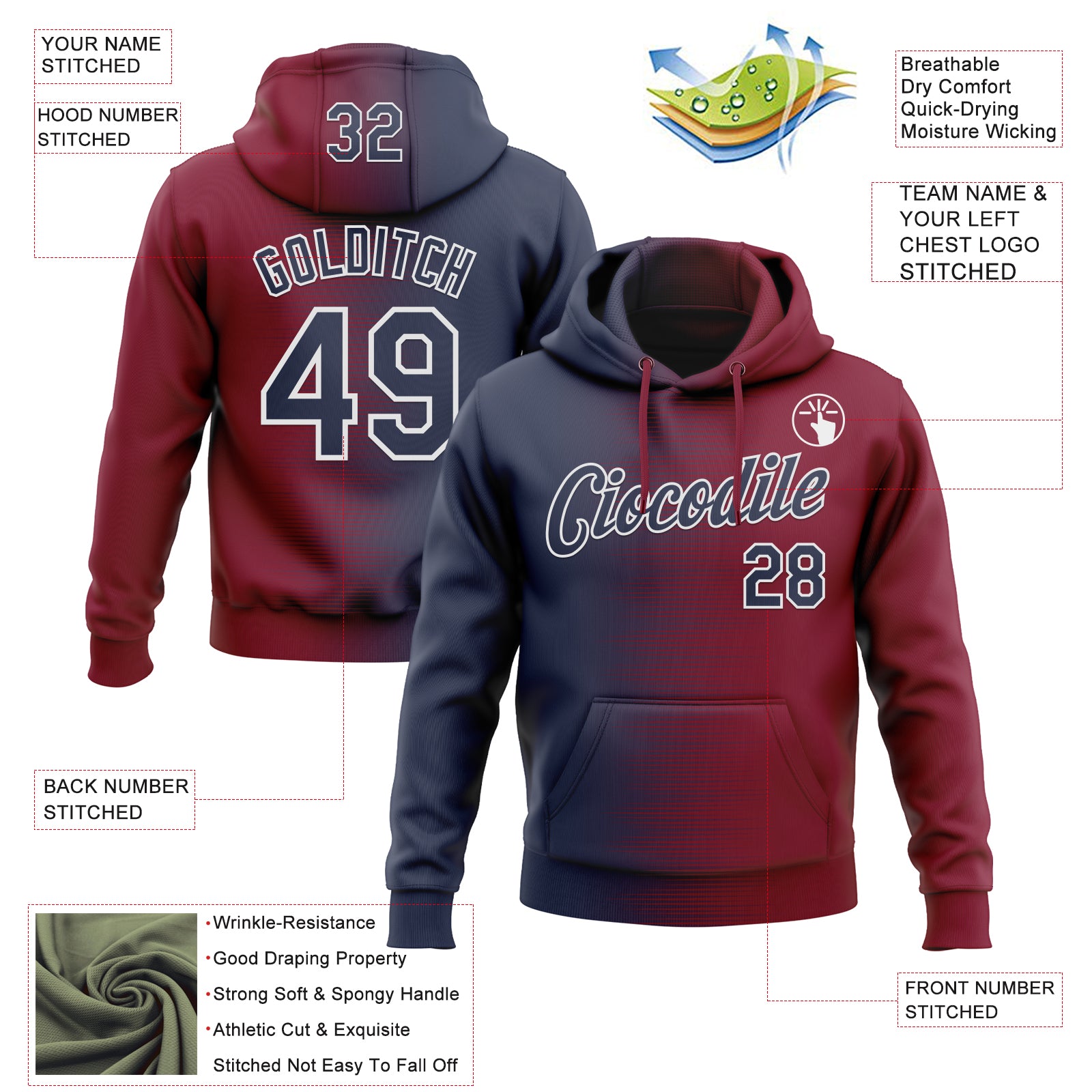 Custom Stitched Crimson Navy-White Gradient Line Sports Pullover Sweatshirt Hoodie