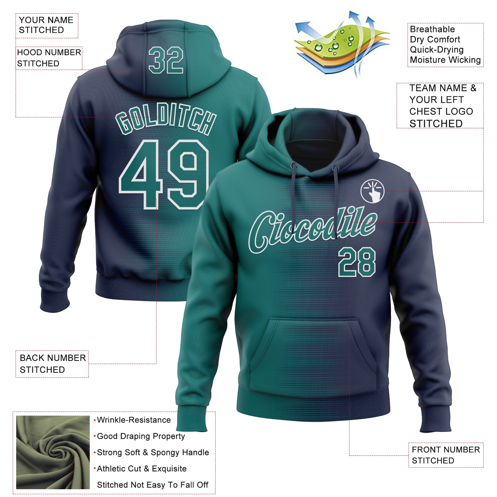 Custom Stitched Navy Teal-White Gradient Line Sports Pullover Sweatshirt Hoodie