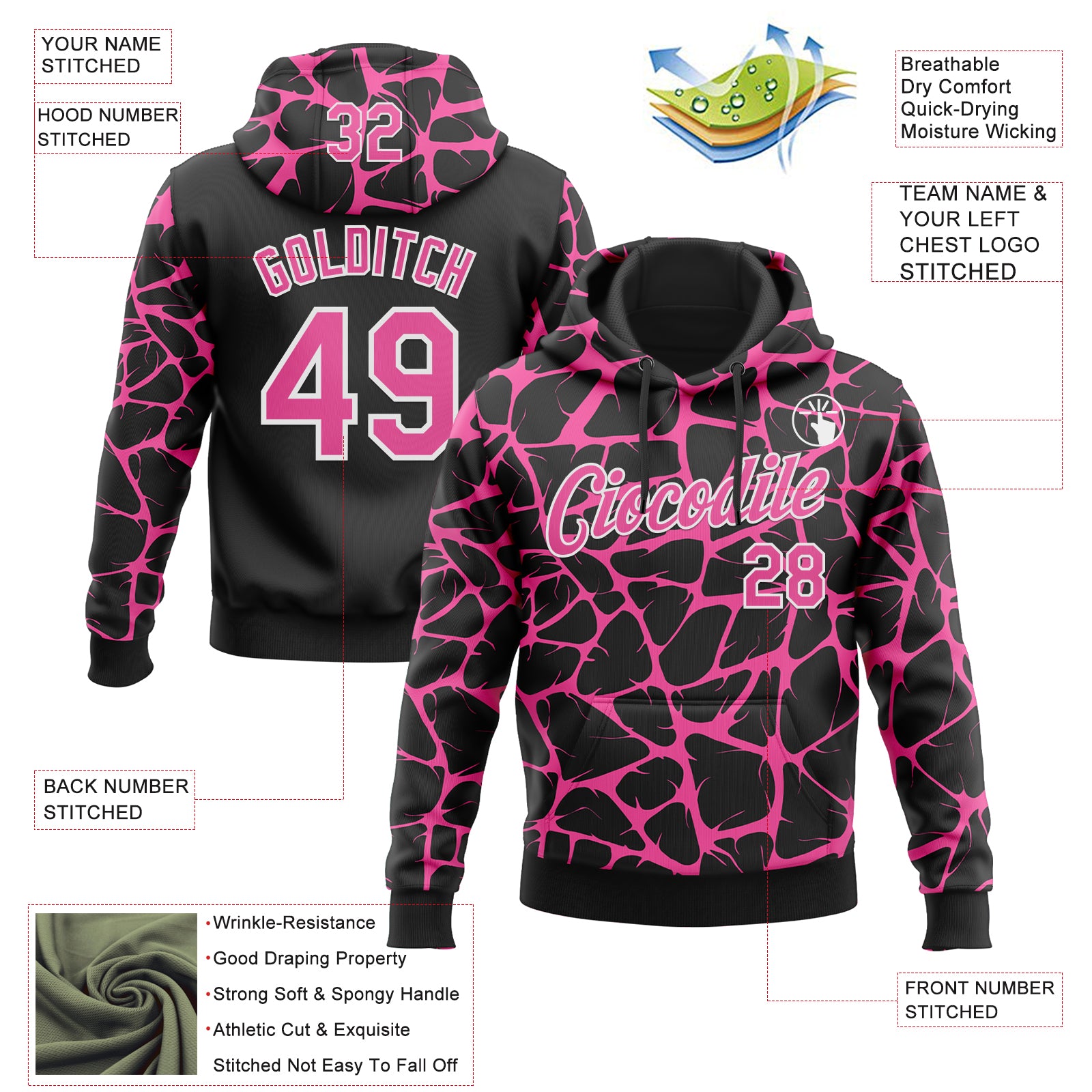 Custom Stitched Black Pink-White Abstract Network Pattern Sports Pullover Sweatshirt Hoodie