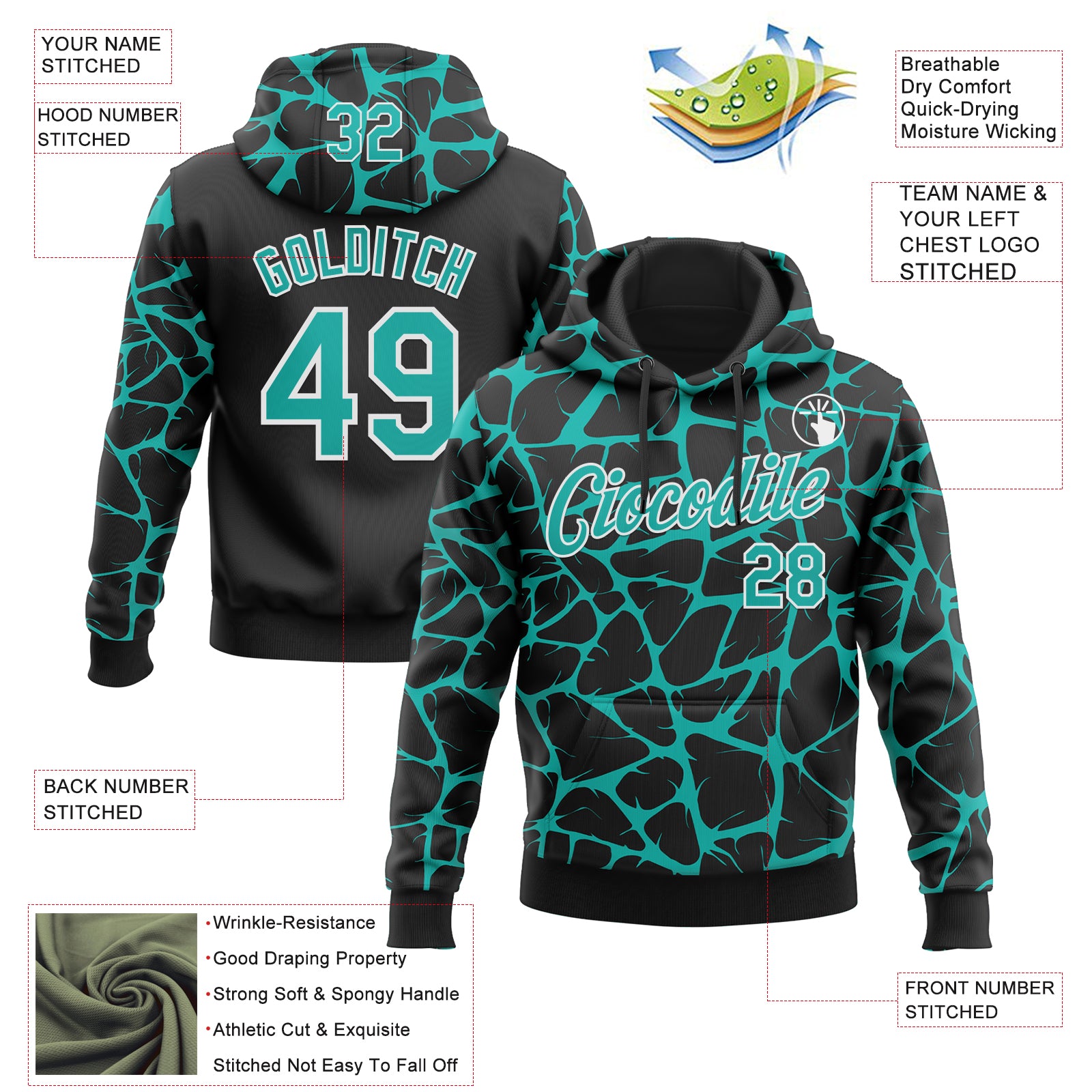 Custom Stitched Black Aqua-White Abstract Network Pattern Sports Pullover Sweatshirt Hoodie