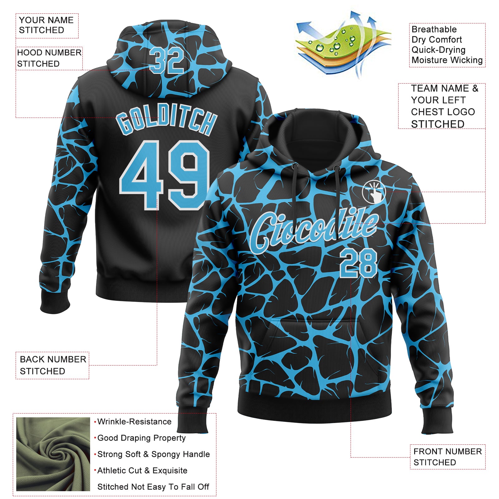 Custom Stitched Black Sky Blue-White Abstract Network Pattern Sports Pullover Sweatshirt Hoodie