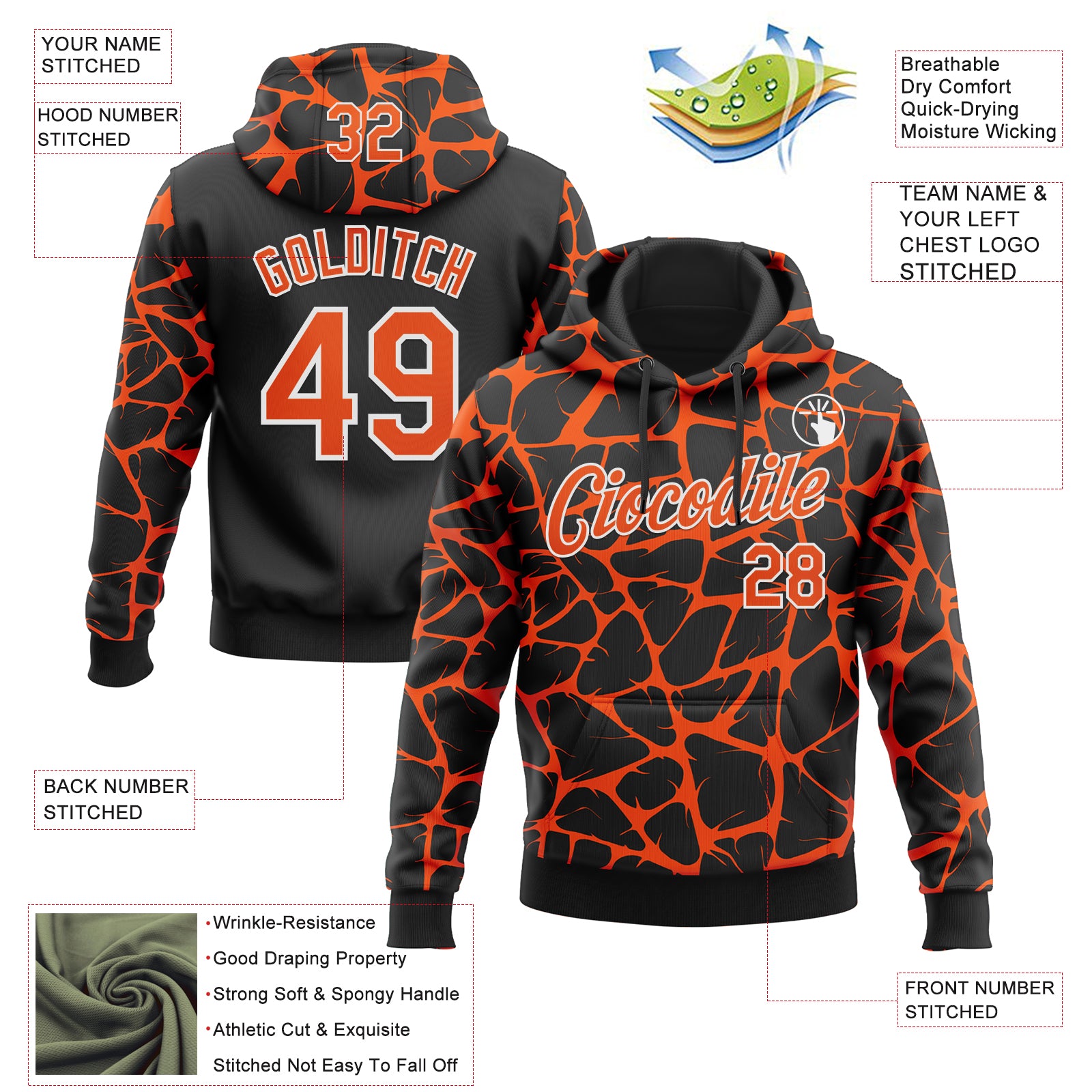 Custom Stitched Black Orange-White Abstract Network Pattern Sports Pullover Sweatshirt Hoodie