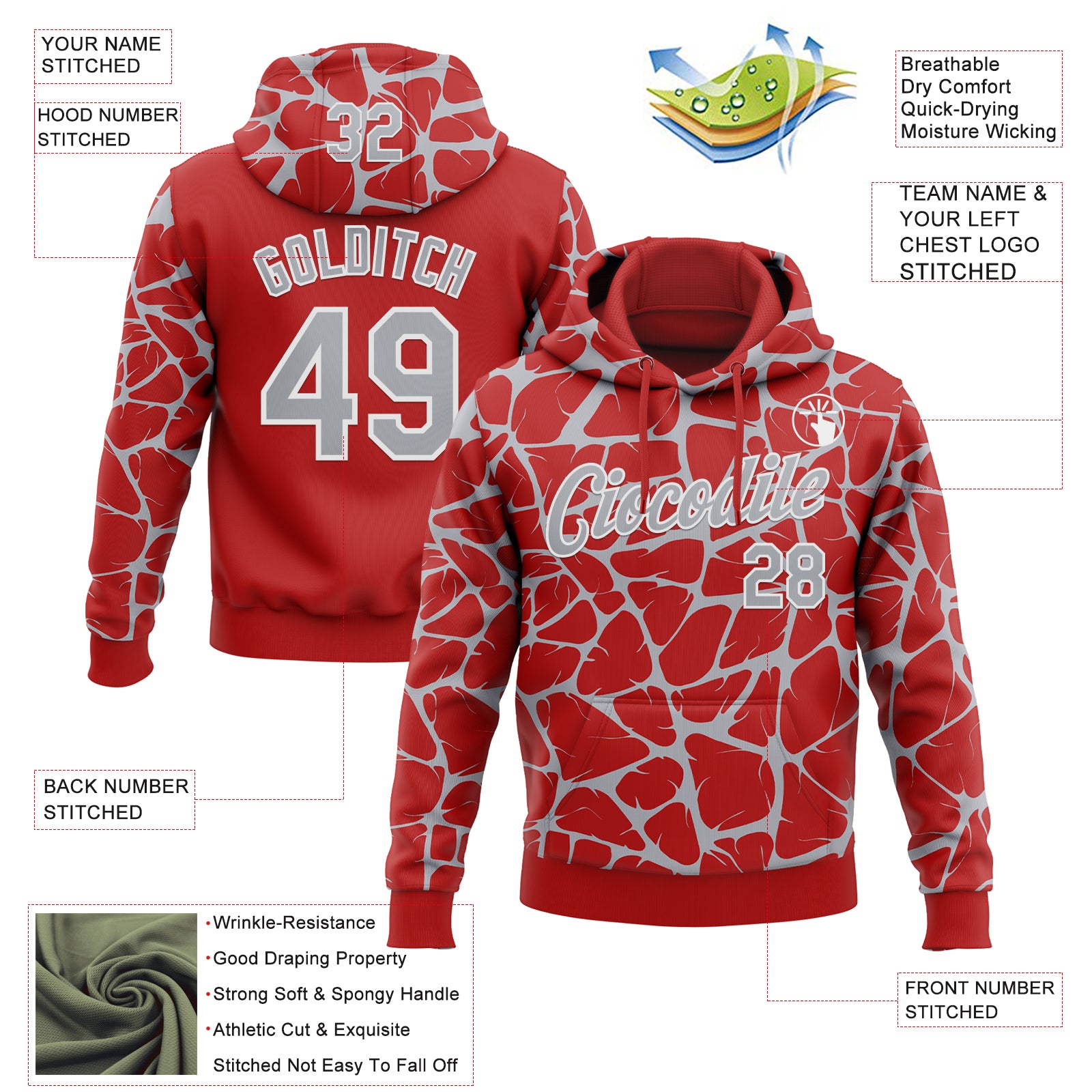 Custom Stitched Red Gray-White Abstract Network Pattern Sports Pullover Sweatshirt Hoodie