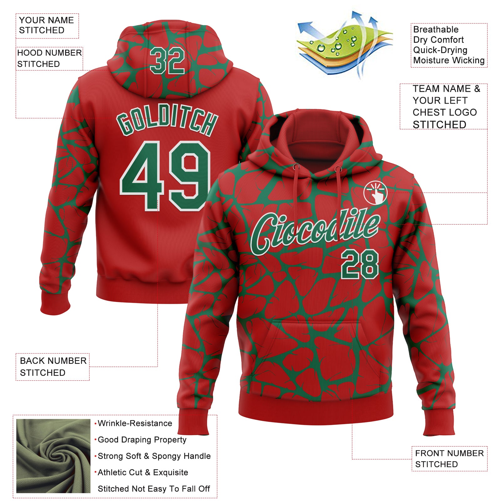 Custom Stitched Red Kelly Green-White Abstract Network Pattern Sports Pullover Sweatshirt Hoodie