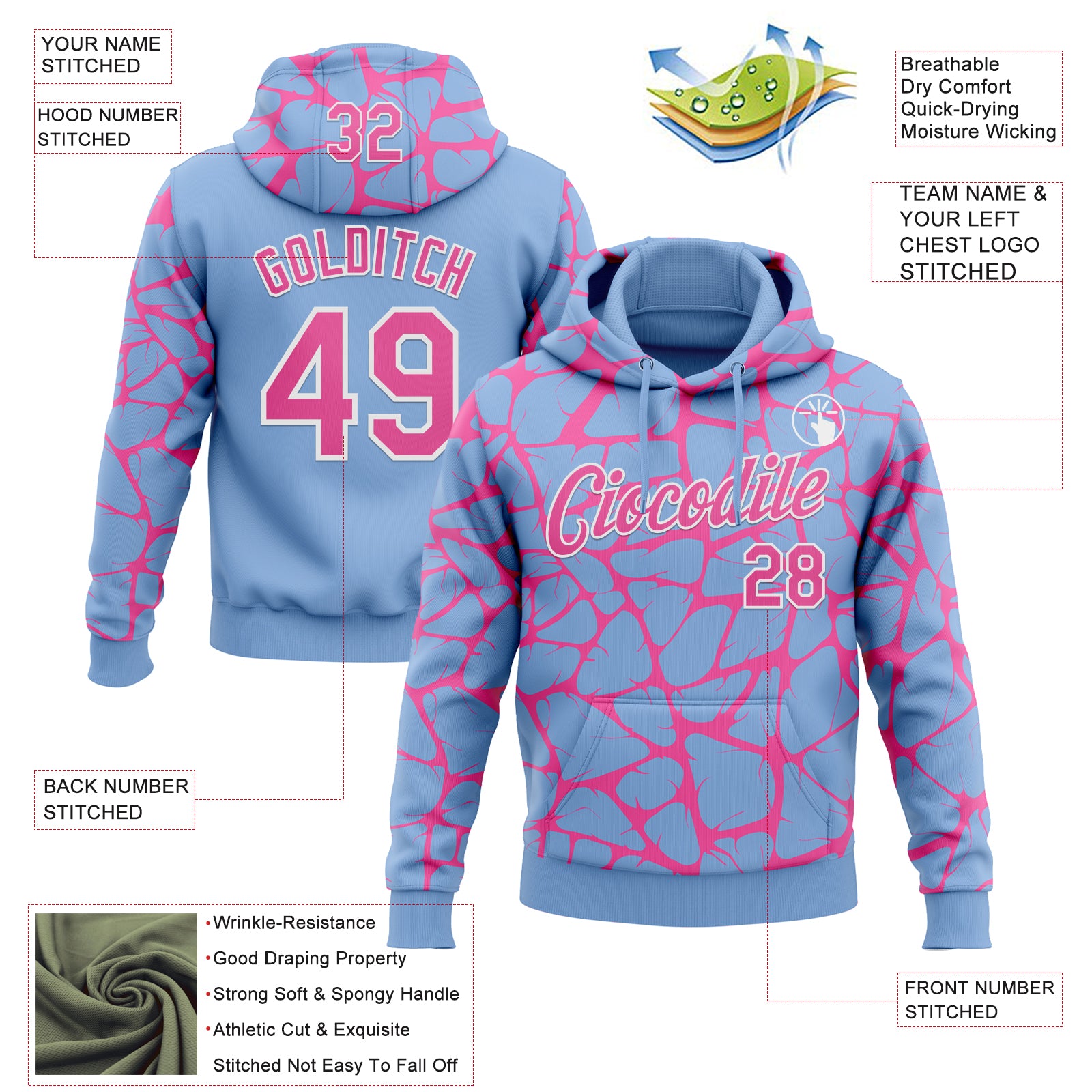 Custom Stitched Light Blue Pink-White Abstract Network Pattern Sports Pullover Sweatshirt Hoodie