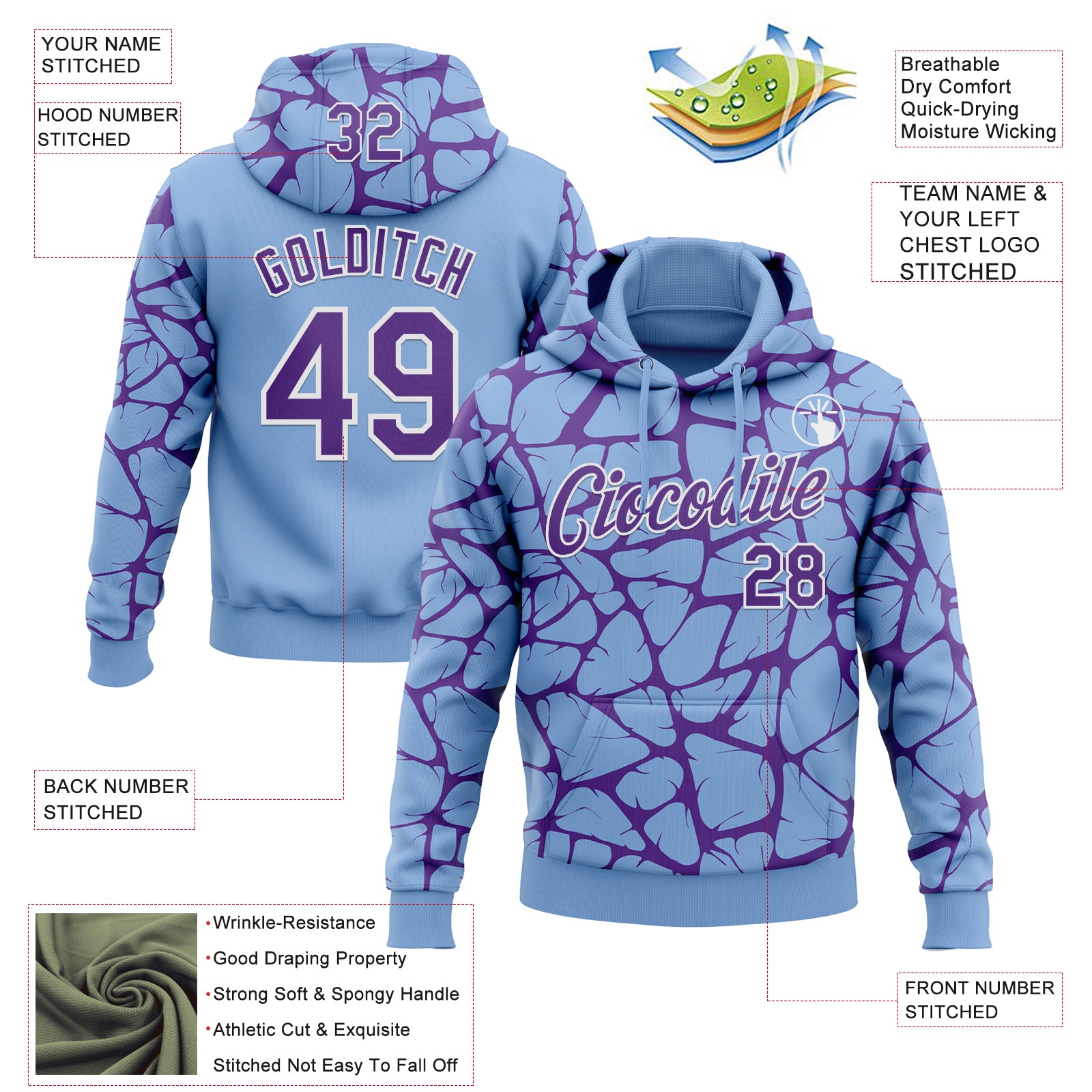 Custom Stitched Light Blue Purple-White Abstract Network Pattern Sports Pullover Sweatshirt Hoodie