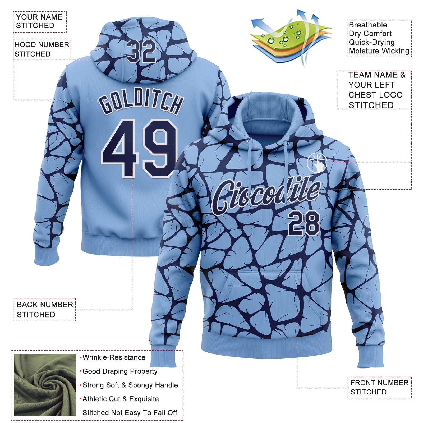 Custom Stitched Light Blue Navy-White Abstract Network Pattern Sports Pullover Sweatshirt Hoodie