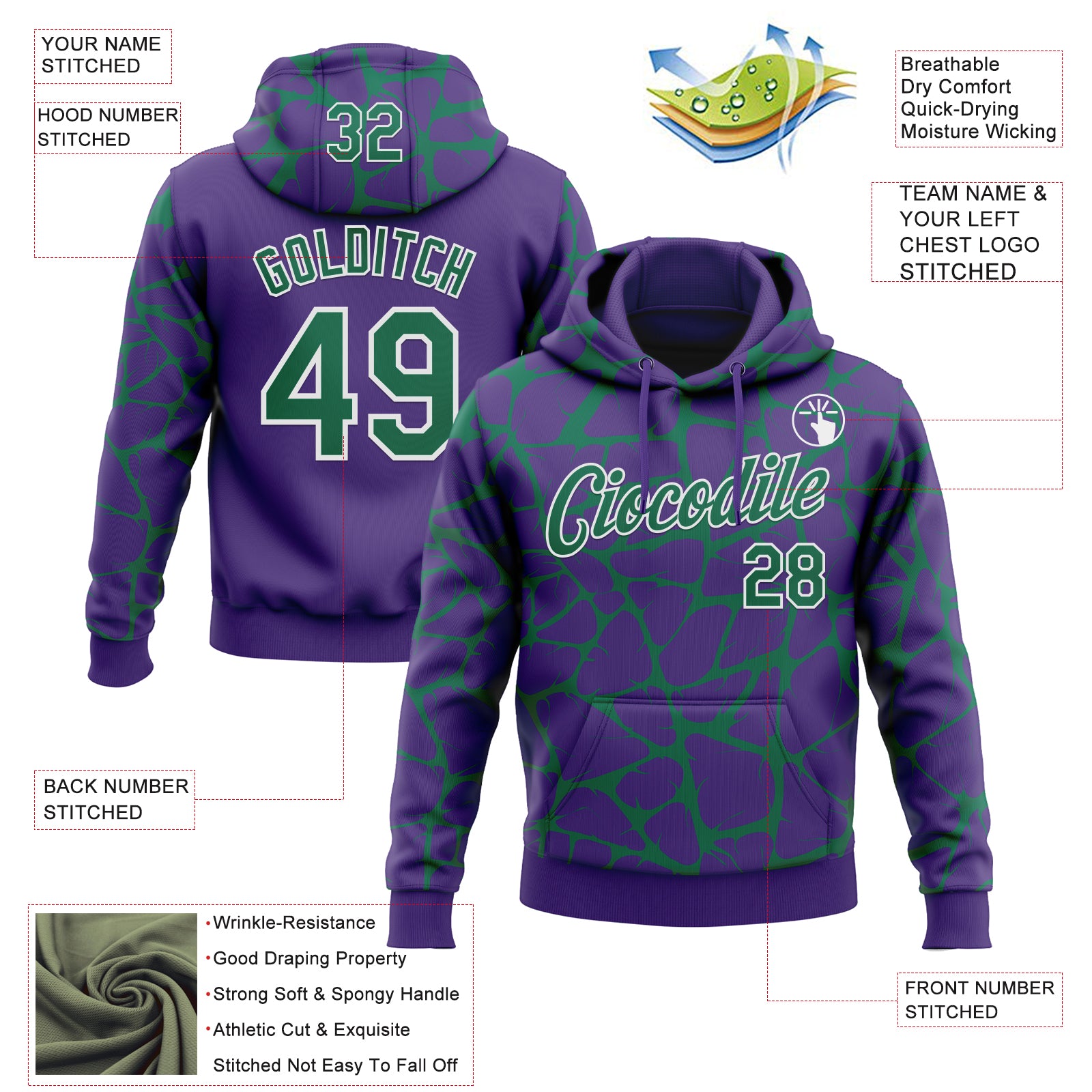 Custom Stitched Purple Kelly Green-White Abstract Network Pattern Sports Pullover Sweatshirt Hoodie