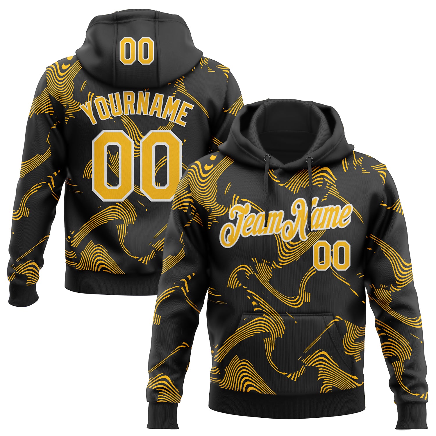 Custom Stitched Black Gold-White Curve Lines Sports Pullover Sweatshirt Hoodie