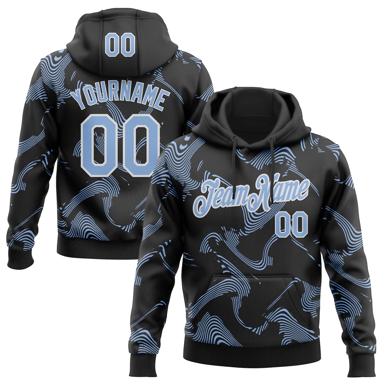 Custom Stitched Black Light Blue-White Curve Lines Sports Pullover Sweatshirt Hoodie