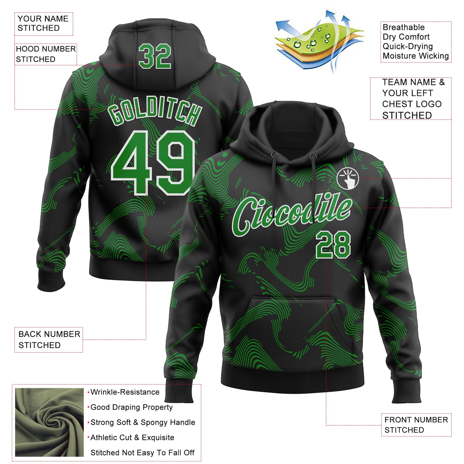 Custom Stitched Black Grass Green-White Curve Lines Sports Pullover Sweatshirt Hoodie