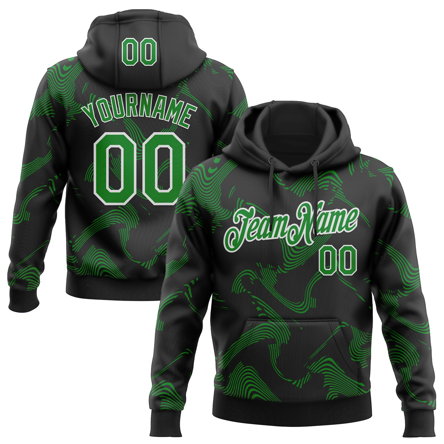 Custom Stitched Black Grass Green-White Curve Lines Sports Pullover Sweatshirt Hoodie