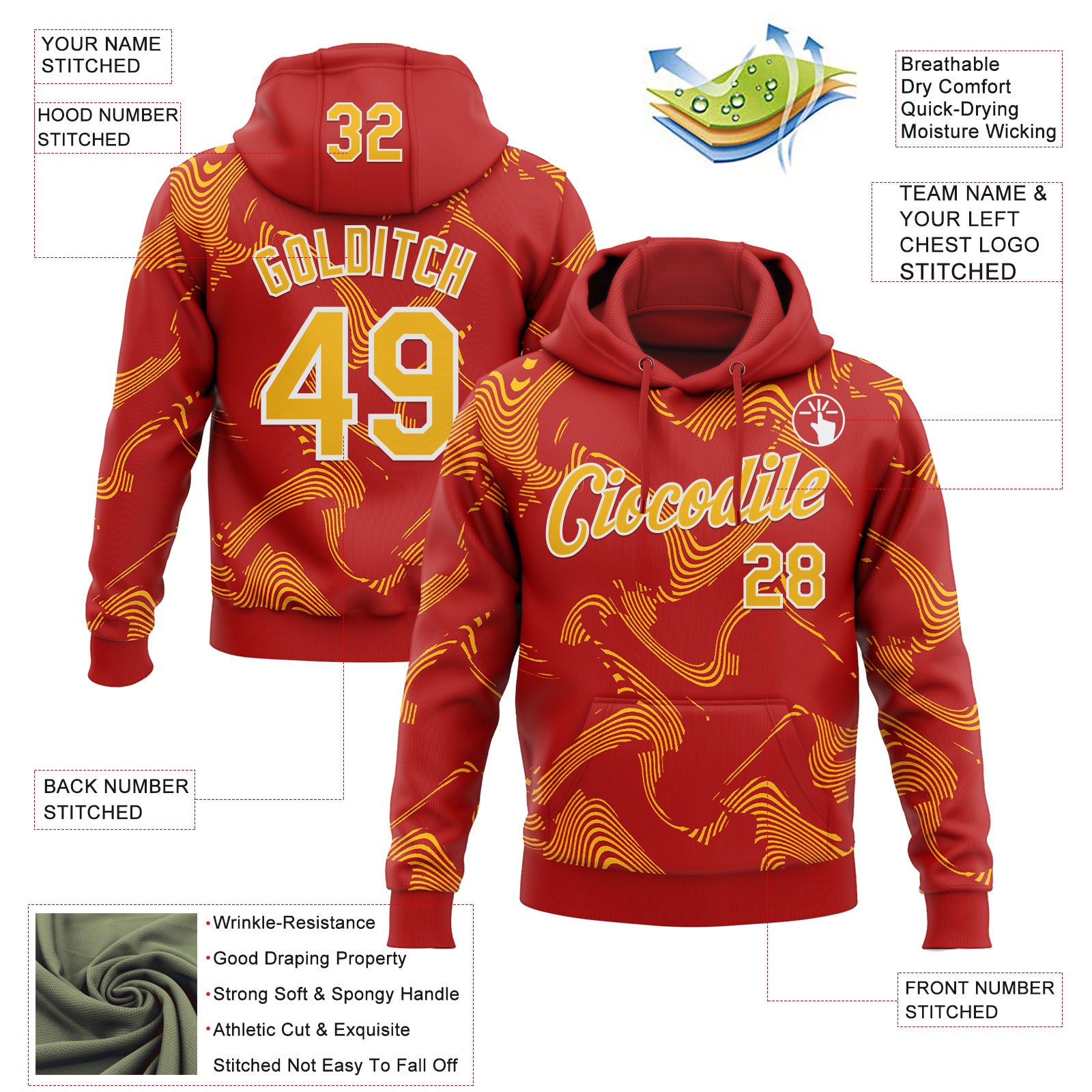 Custom Stitched Red Gold-White Curve Lines Sports Pullover Sweatshirt Hoodie