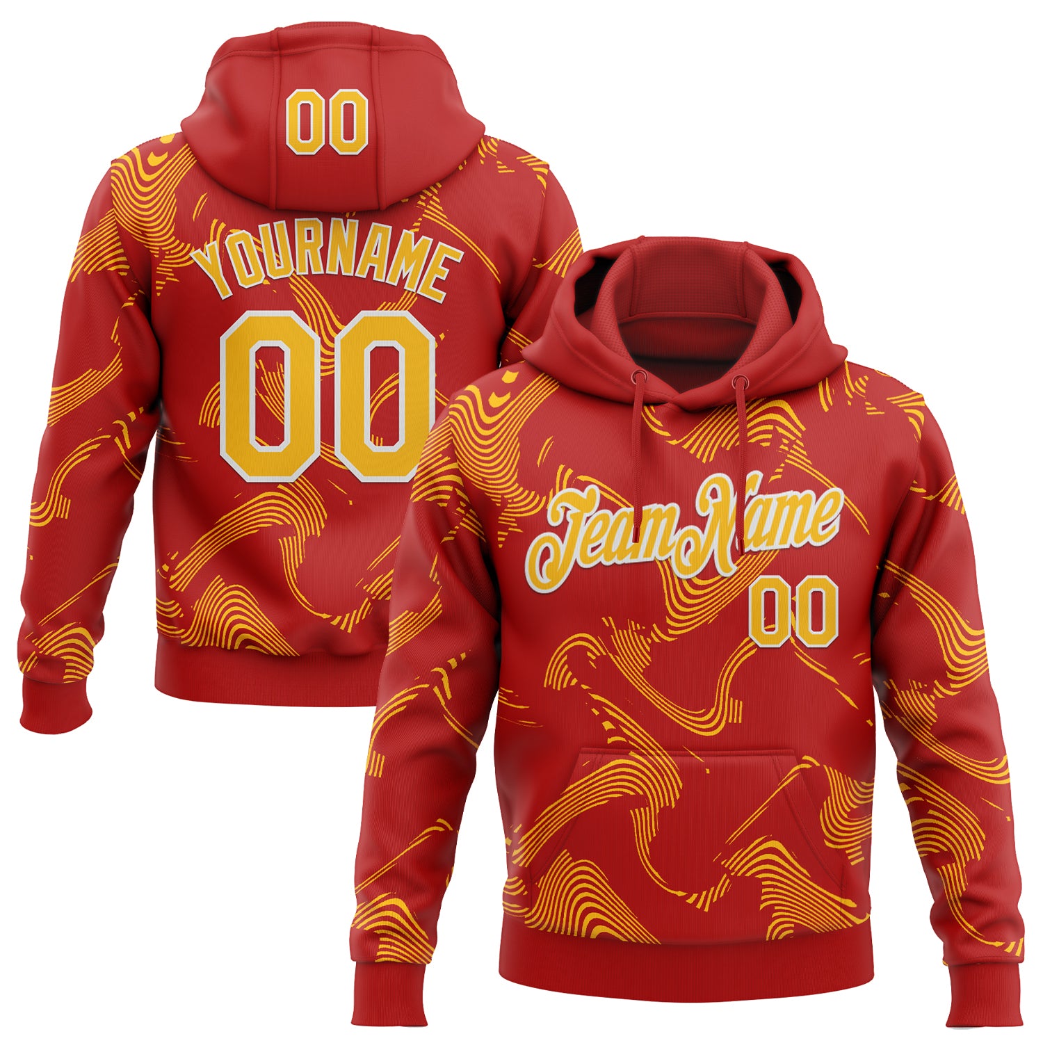 Custom Stitched Red Gold-White Curve Lines Sports Pullover Sweatshirt Hoodie
