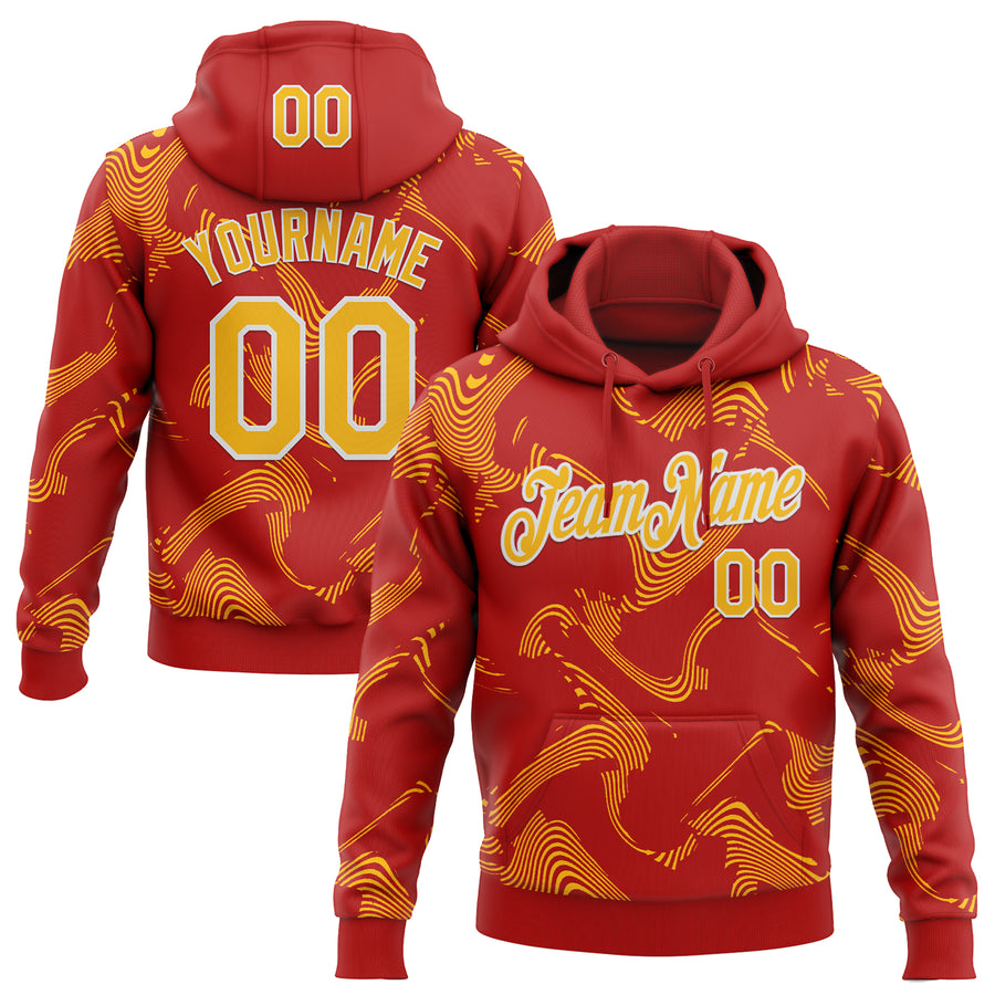 Custom Stitched Red Gold-White Curve Lines Sports Pullover Sweatshirt Hoodie