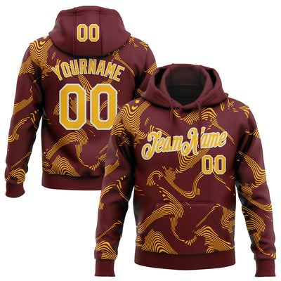 Custom Stitched Burgundy Gold-White Curve Lines Sports Pullover Sweatshirt Hoodie