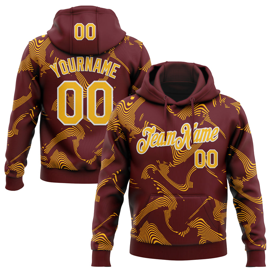 Custom Stitched Burgundy Gold-White Curve Lines Sports Pullover Sweatshirt Hoodie