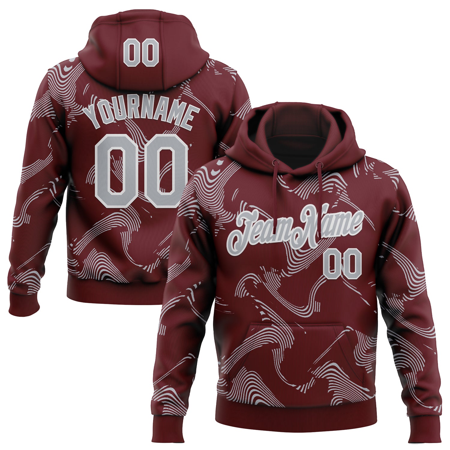 Custom Stitched Burgundy Gray-White Curve Lines Sports Pullover Sweatshirt Hoodie