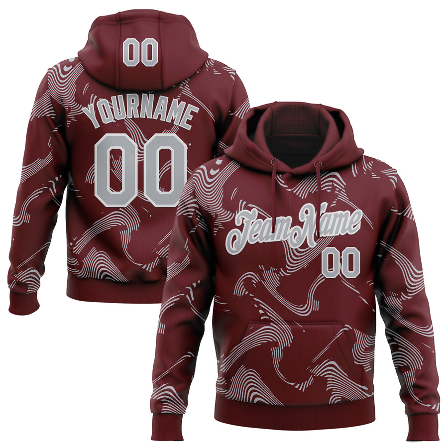 Custom Stitched Burgundy Gray-White Curve Lines Sports Pullover Sweatshirt Hoodie