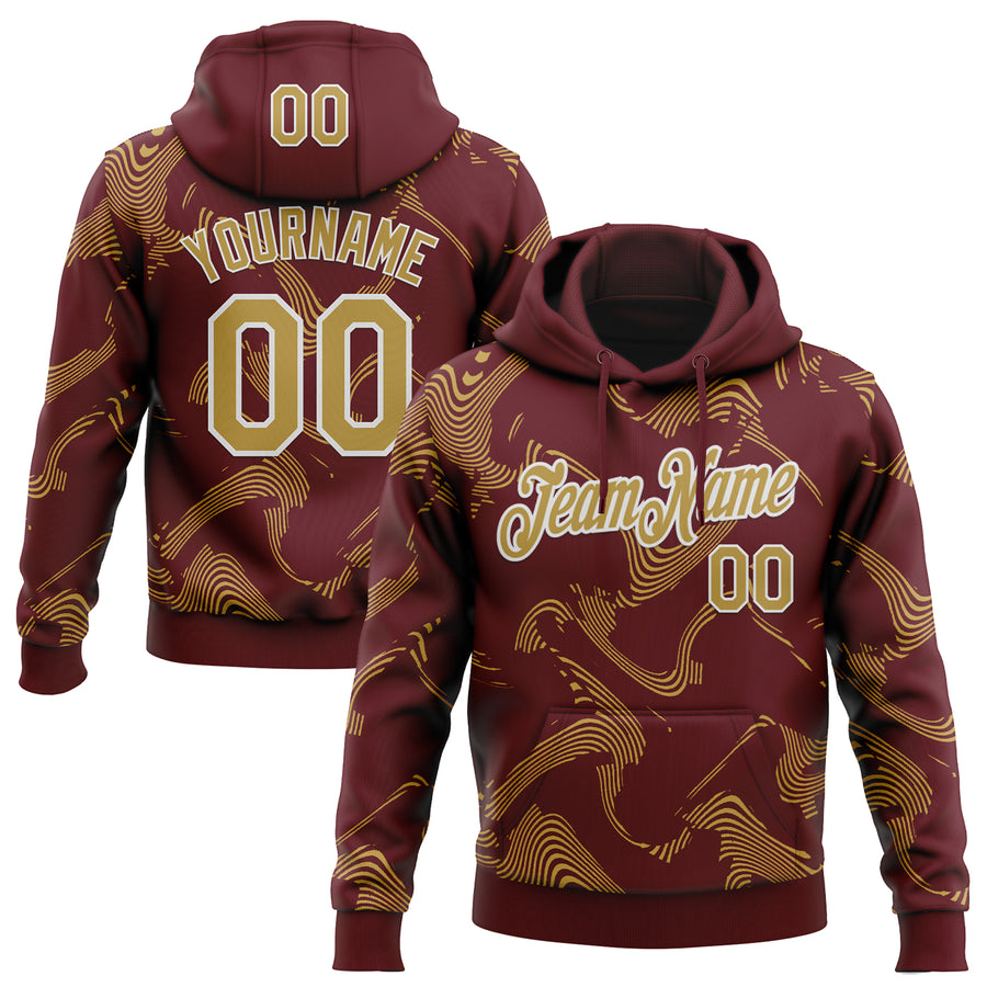 Custom Stitched Burgundy Old Gold-White Curve Lines Sports Pullover Sweatshirt Hoodie