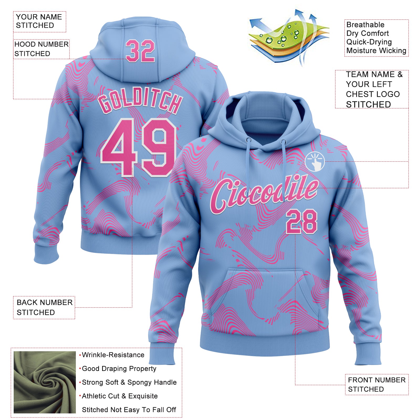 Custom Stitched Light Blue Pink-White Curve Lines Sports Pullover Sweatshirt Hoodie
