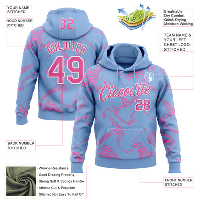 Custom Stitched Light Blue Pink-White Curve Lines Sports Pullover Sweatshirt Hoodie