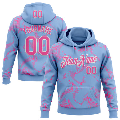 Custom Stitched Light Blue Pink-White Curve Lines Sports Pullover Sweatshirt Hoodie