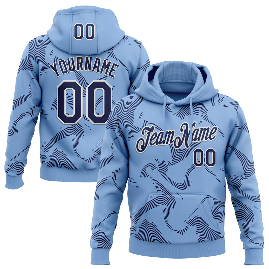 Custom Stitched Light Blue Navy-White Curve Lines Sports Pullover Sweatshirt Hoodie