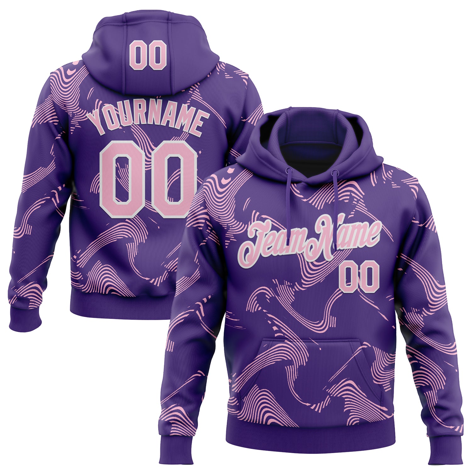 Custom Stitched Purple Light Pink-White Curve Lines Sports Pullover Sweatshirt Hoodie