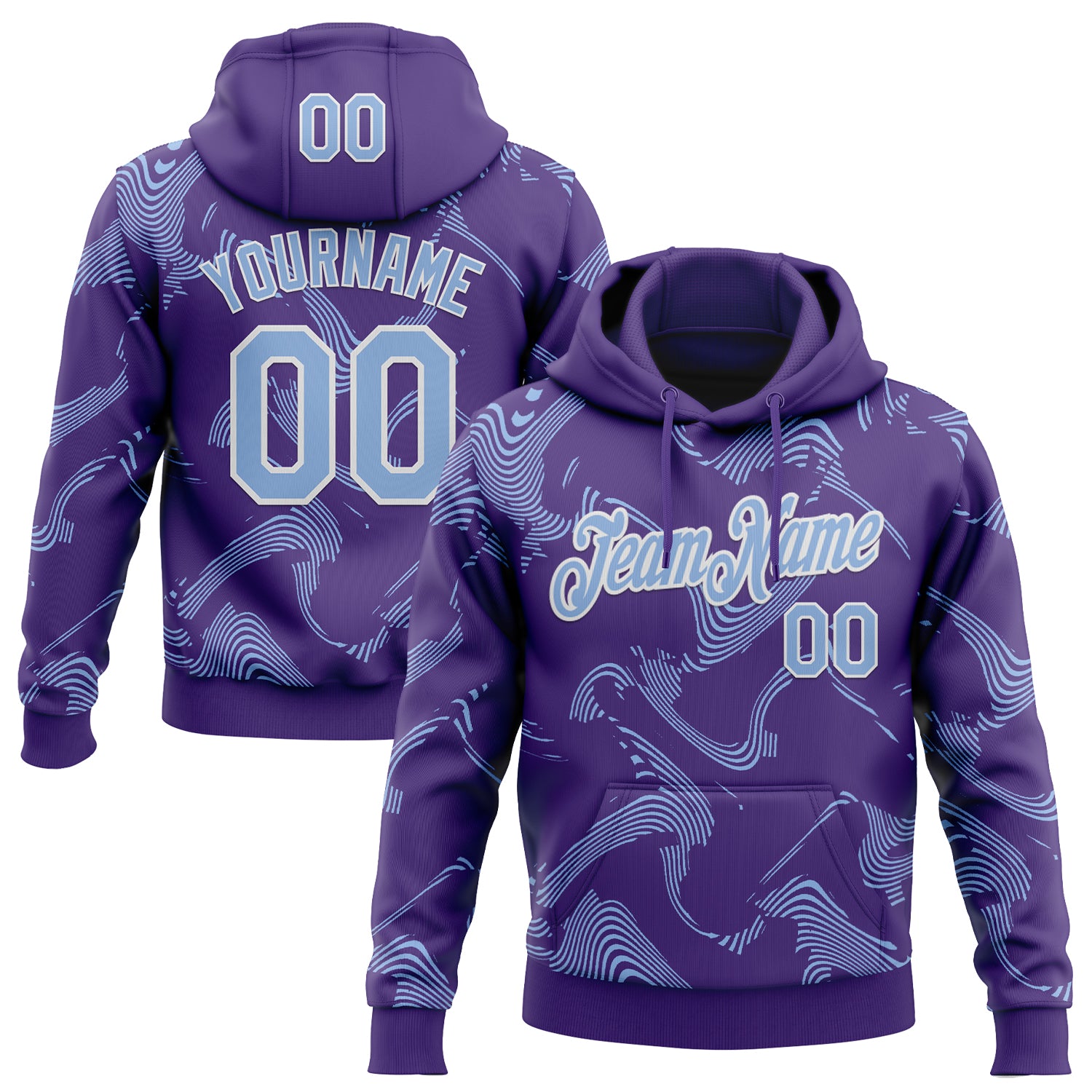 Custom Stitched Purple Light Blue-White Curve Lines Sports Pullover Sweatshirt Hoodie