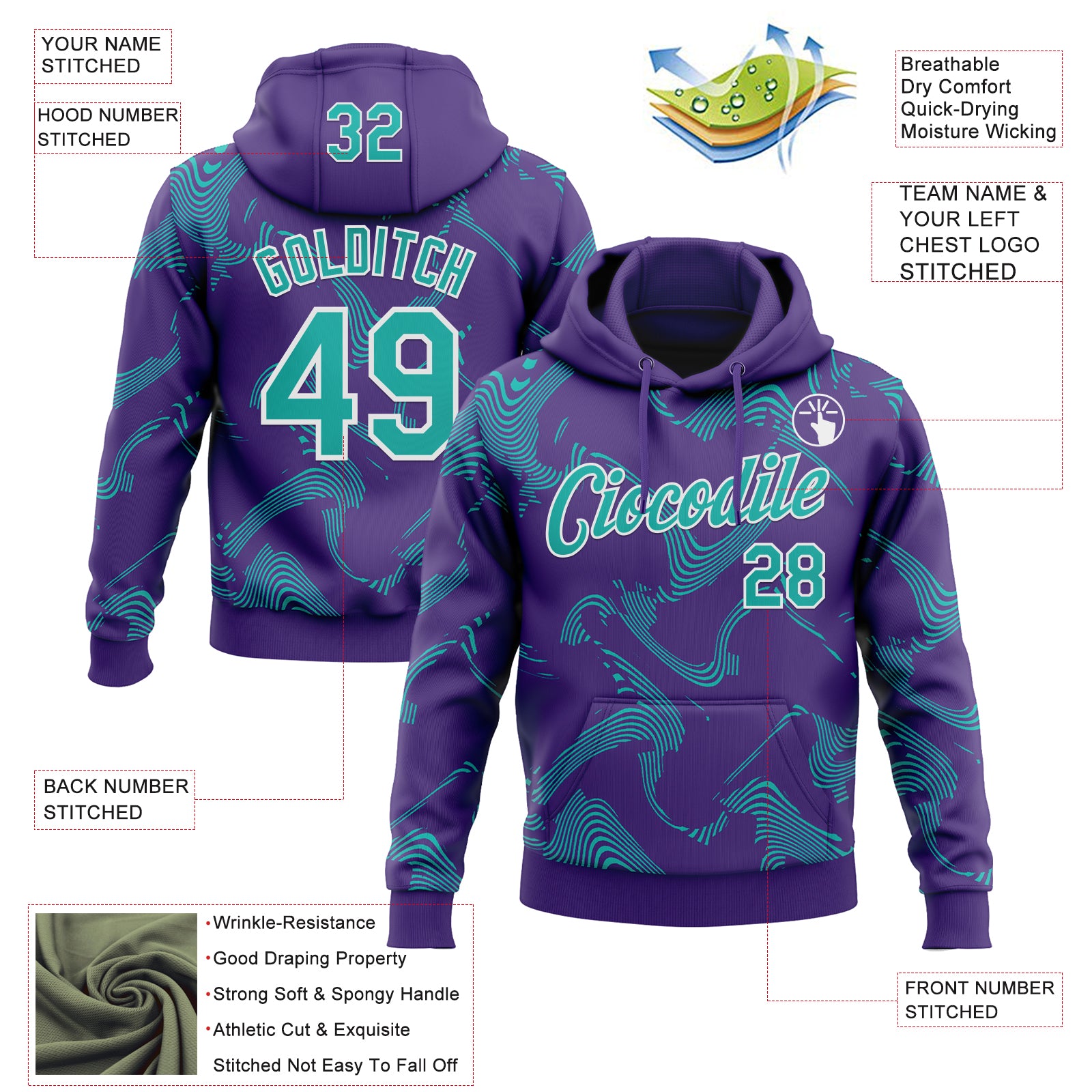 Custom Stitched Purple Aqua-White Curve Lines Sports Pullover Sweatshirt Hoodie