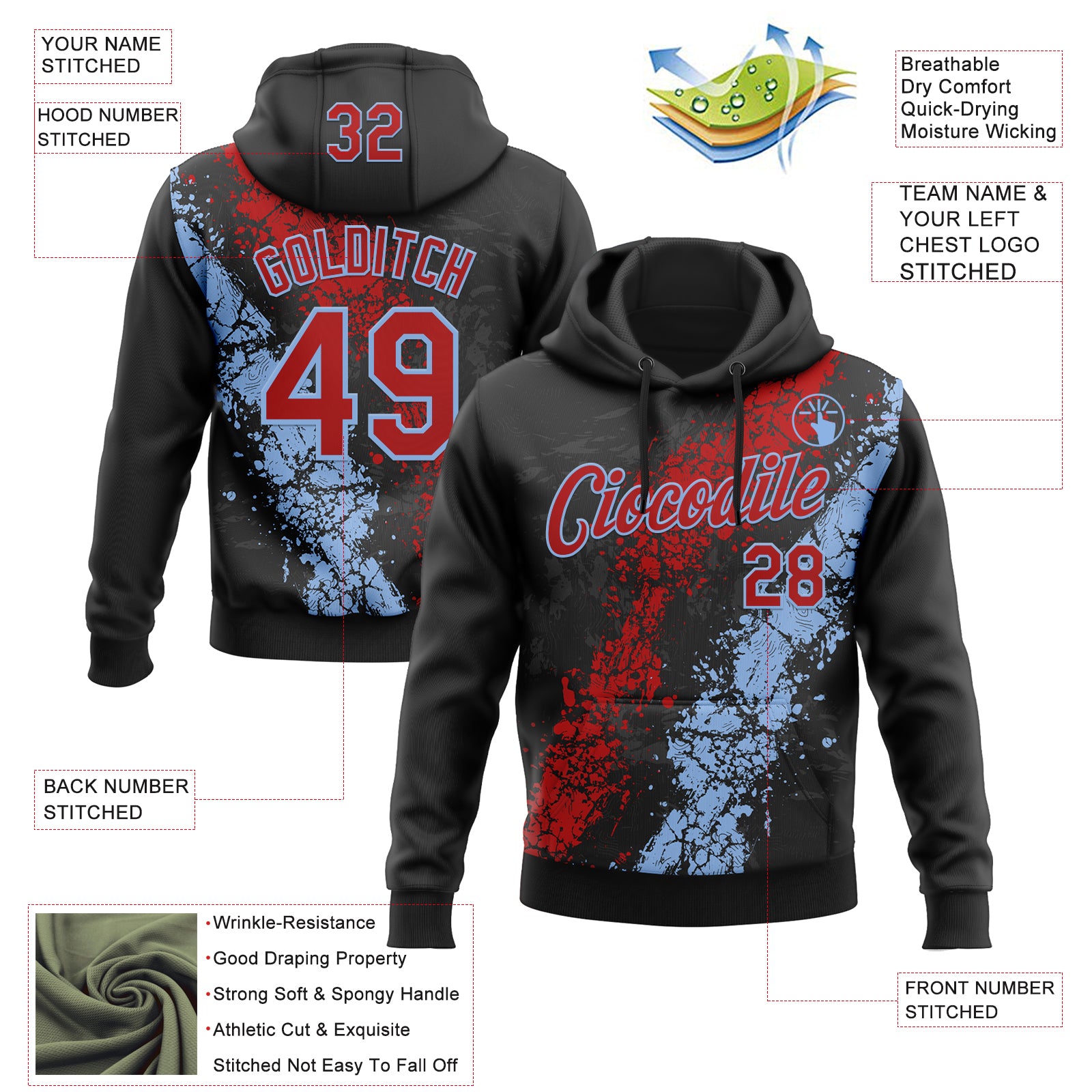 Custom Stitched Black Red-White Splash Sports Pullover Sweatshirt Hoodie